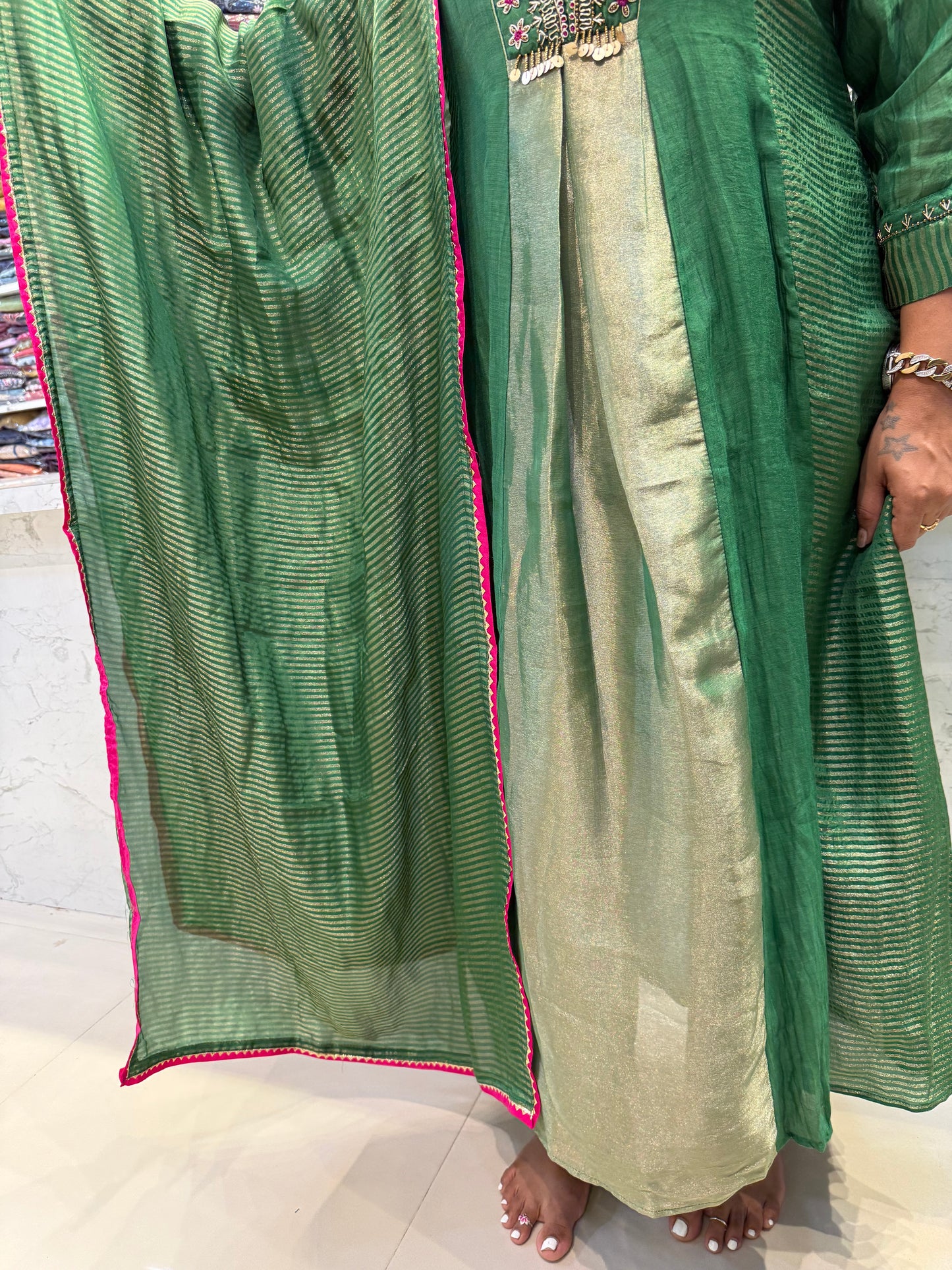 Green Pure Banarasi Mul Chanderi A-line Kurti With Pant and Dupatta-HSC167