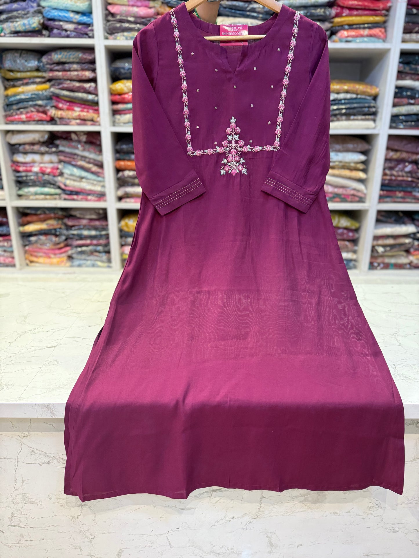 Wine Pure Silk Embroidery Kurti