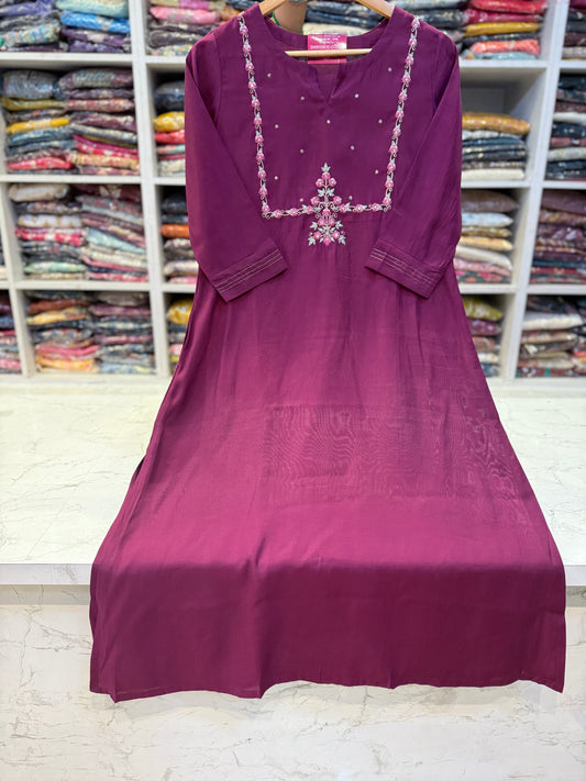 Wine Pure Silk Embroidery Kurti