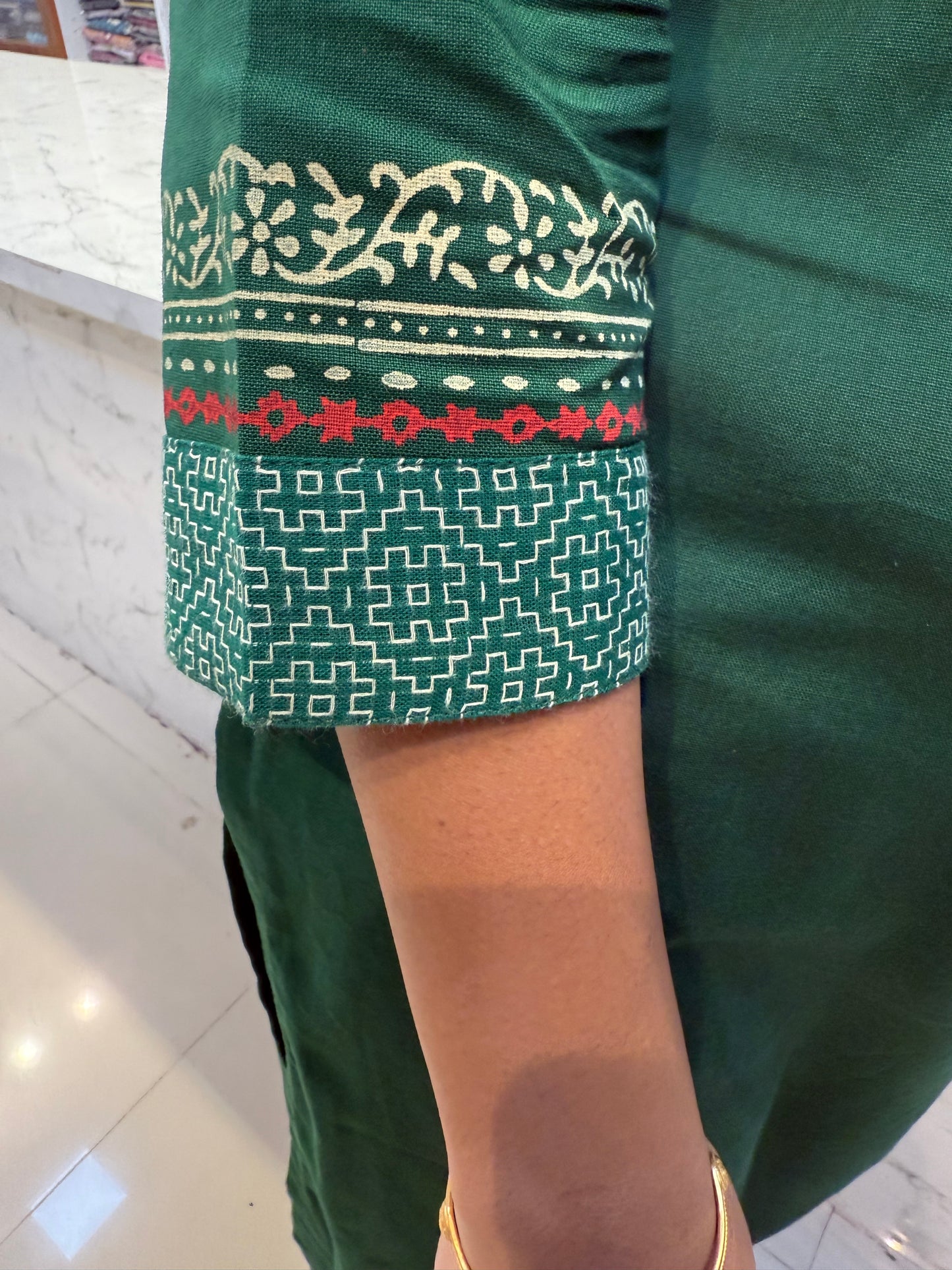 Green Block Printed Cotton Kurti