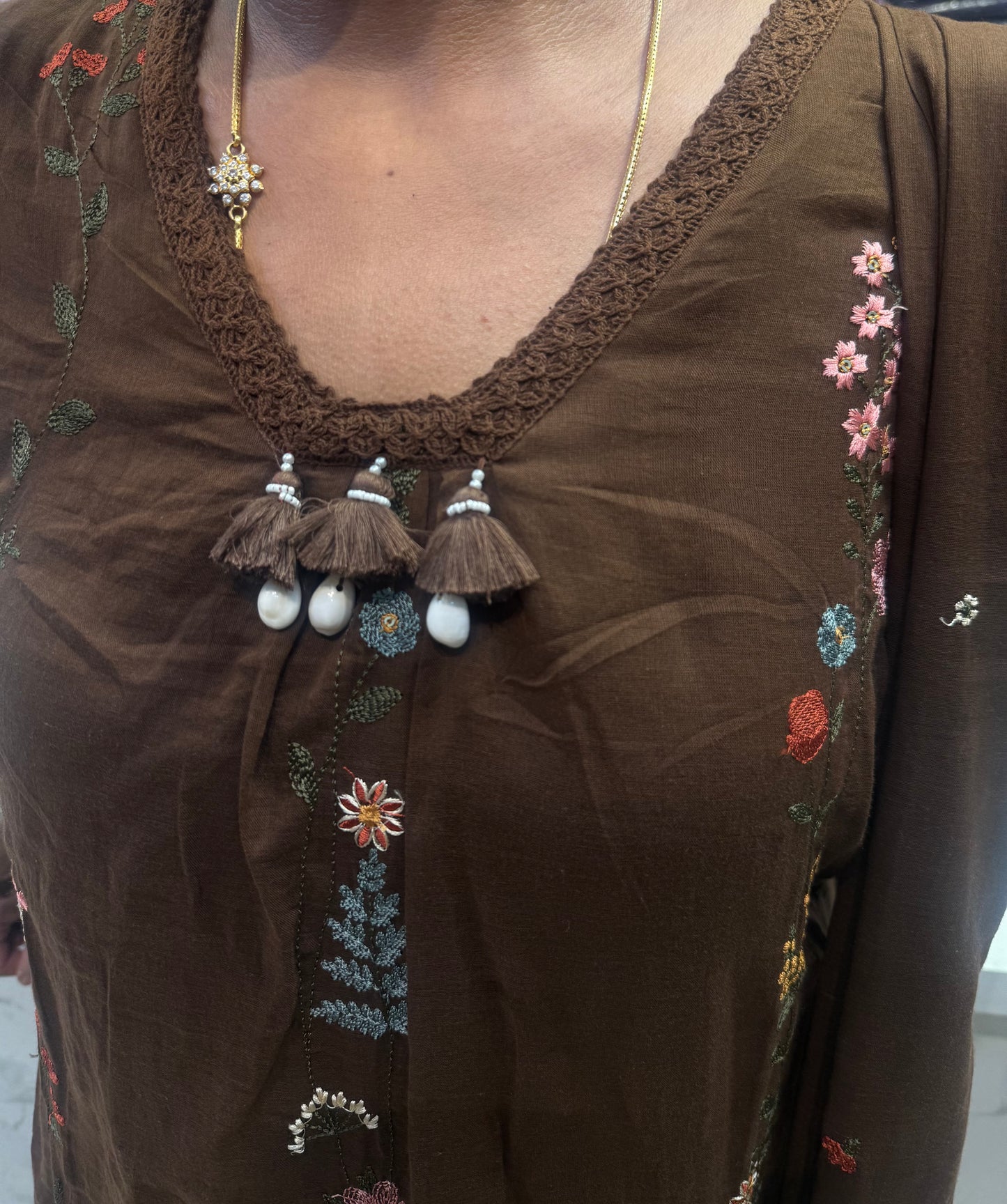 Brown Pure Mul Cotton Embroidered Kurti With Pant and Dupatta-HSC87