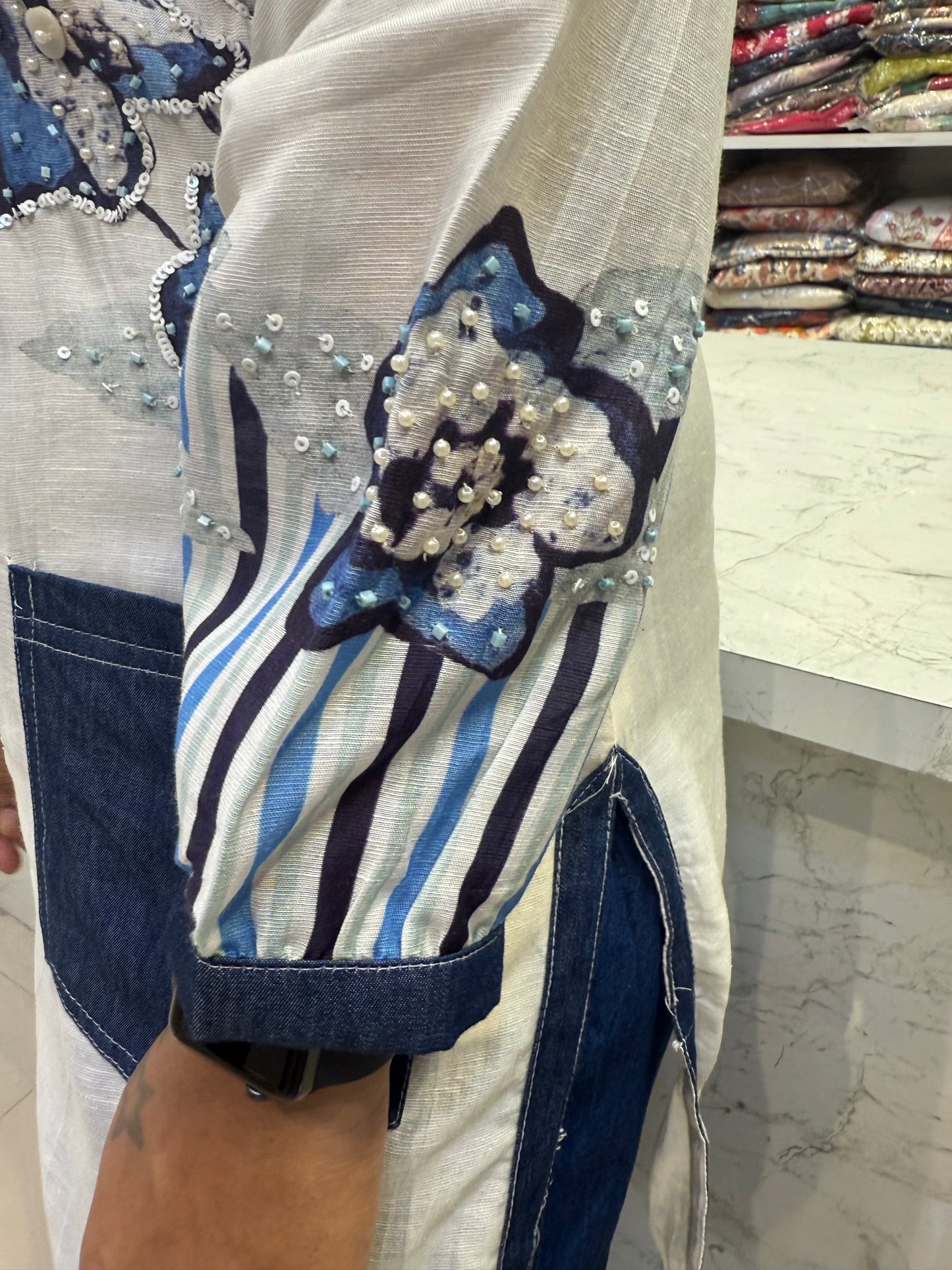 Half White Hand Embroidery Denim Set