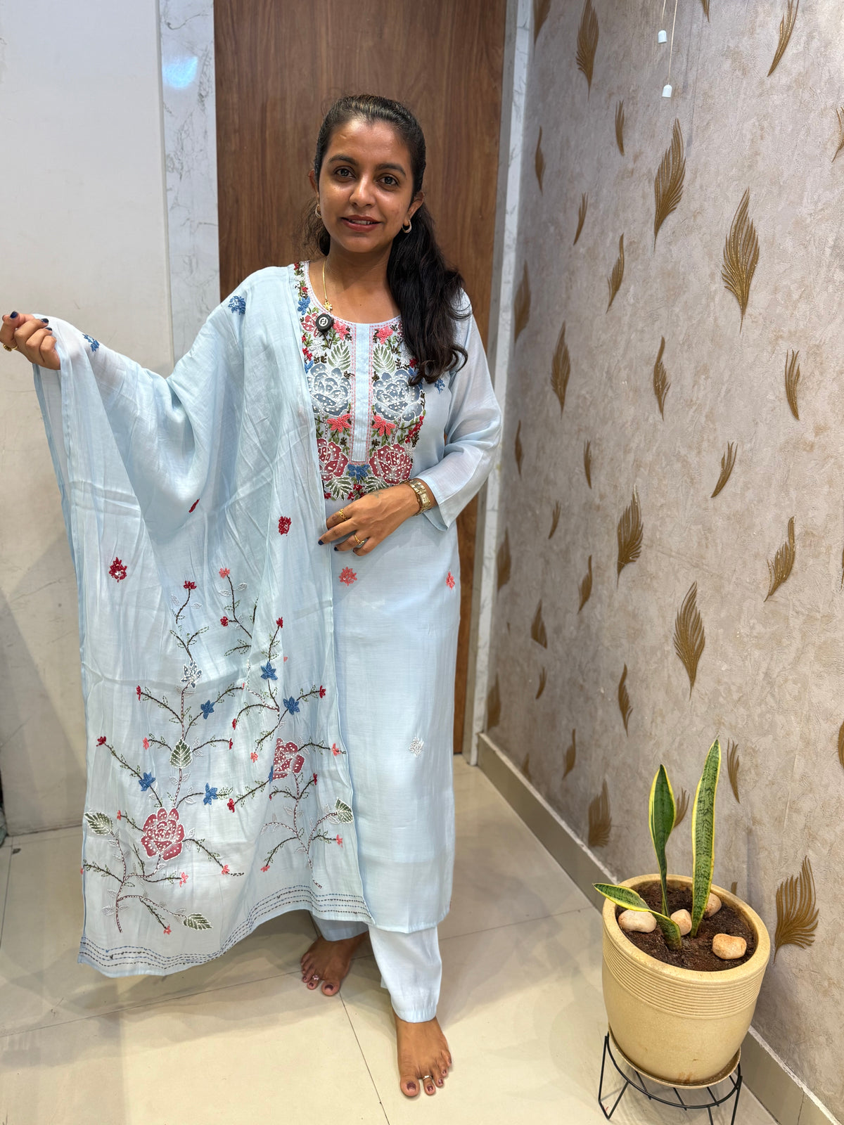 Sky Blue Embroidery Thread Work Kurti With Pant and Dupatta -HSC1236