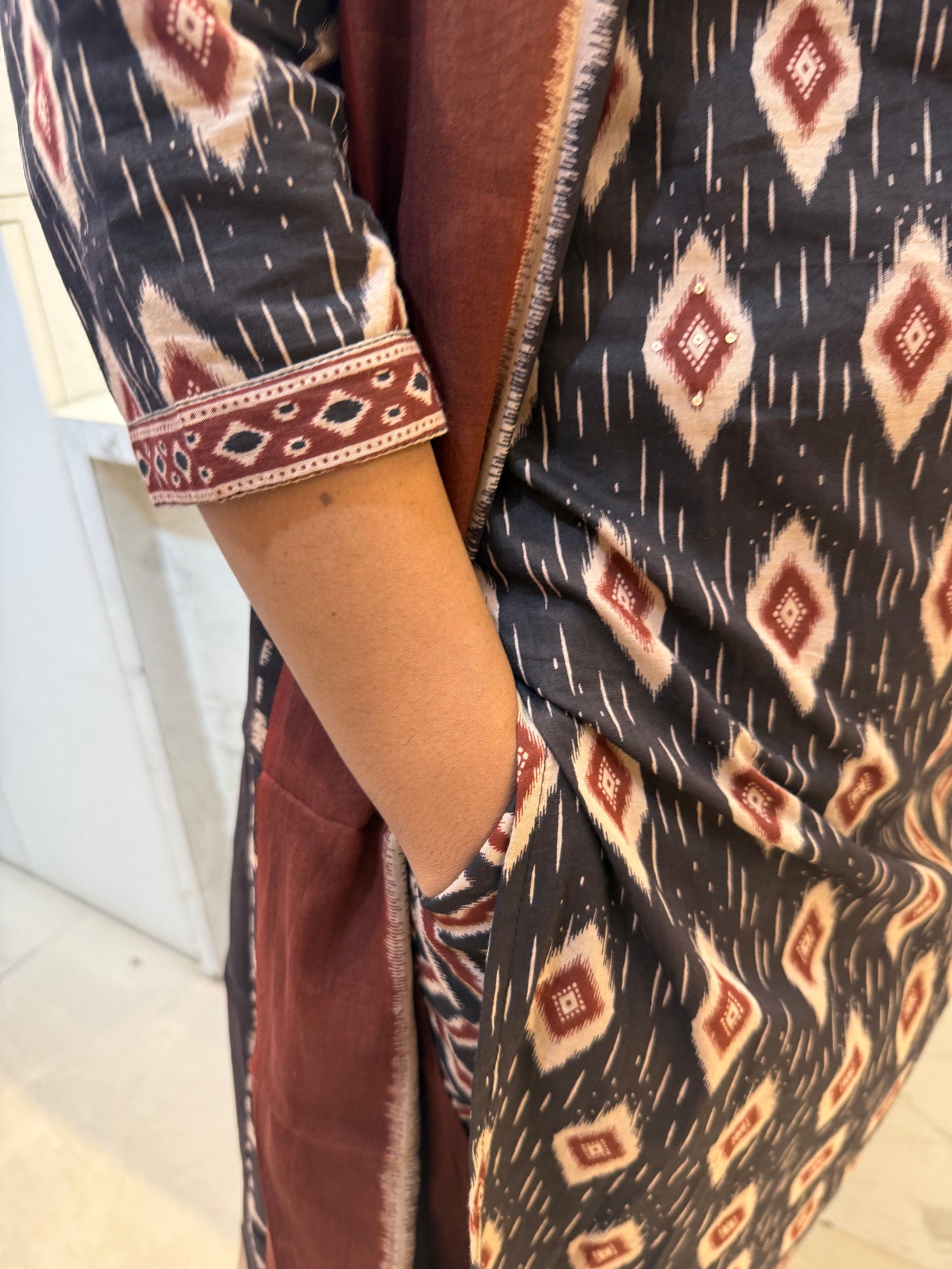 Printed Black Cotton Kurti and Pant and Dupatta