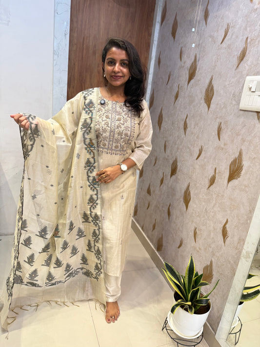 Beige Tissue Linen Hand Embroidery Kurti With Pant and Dupatta -HSC1222