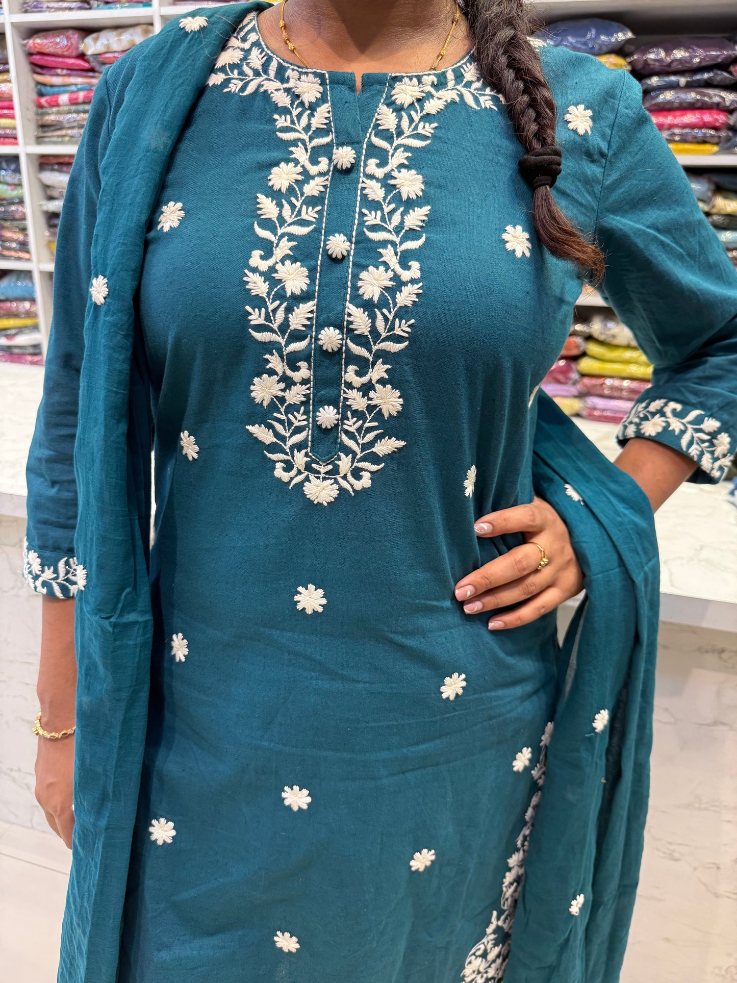 Rama Green Cotton Flex Embroidery Kurti With Pant and Dupatta-HSC141