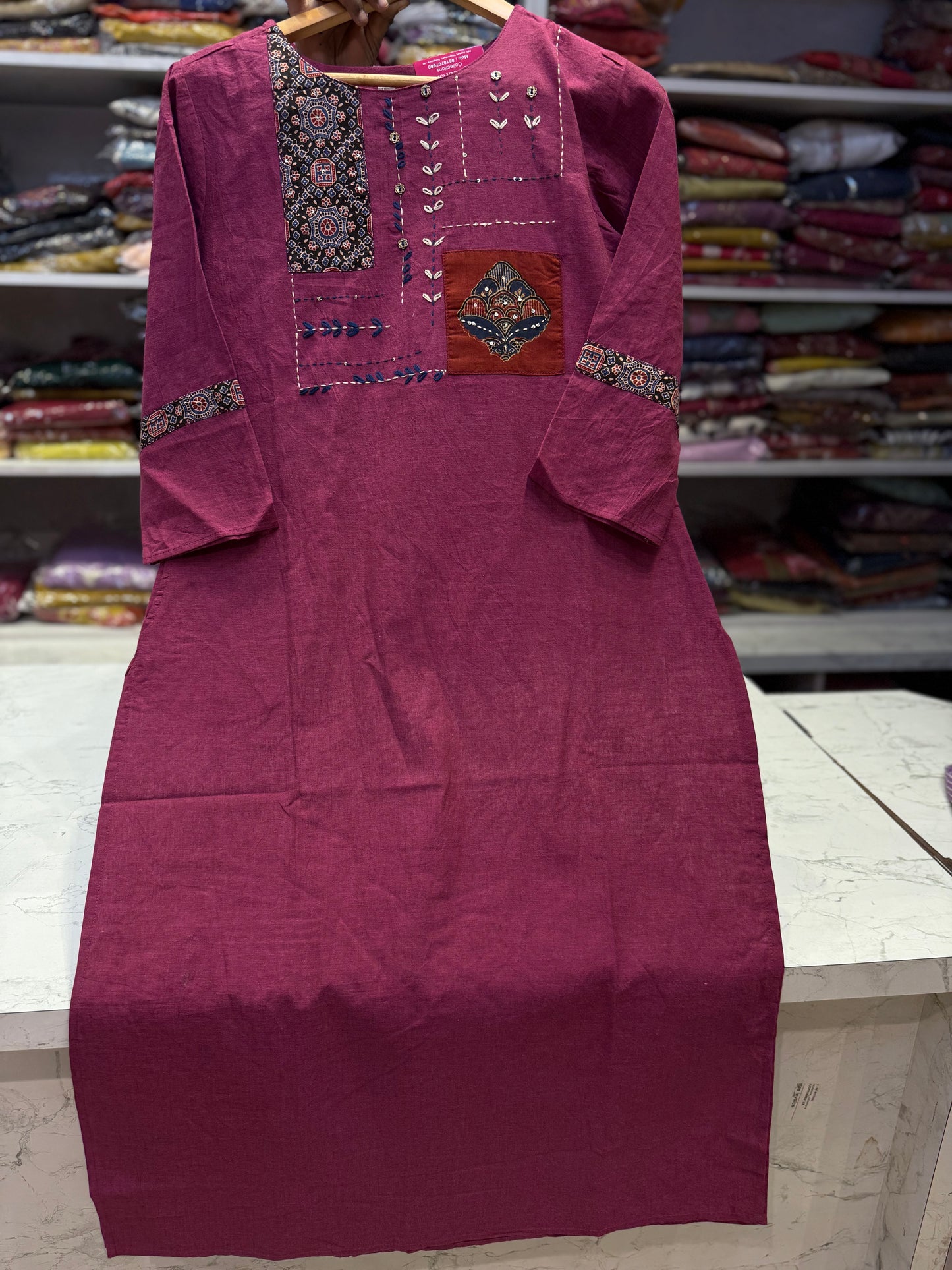Premium Magenta Pure Cotton Embroidered Kurti- HSC1167