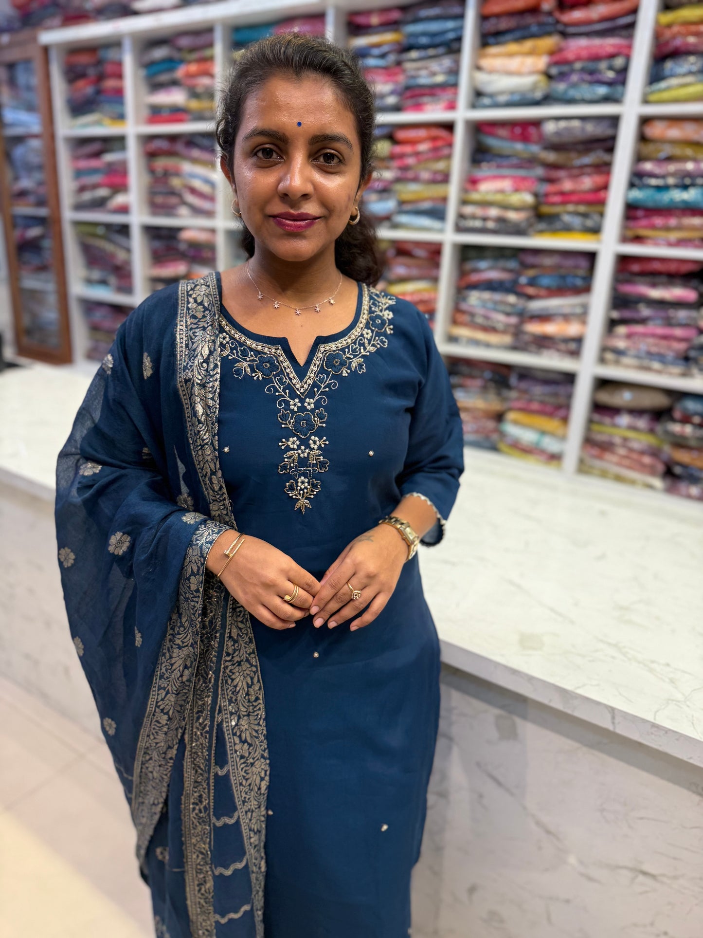 Blue Roman Silk Party wear Kurti With Pant and Dupatta