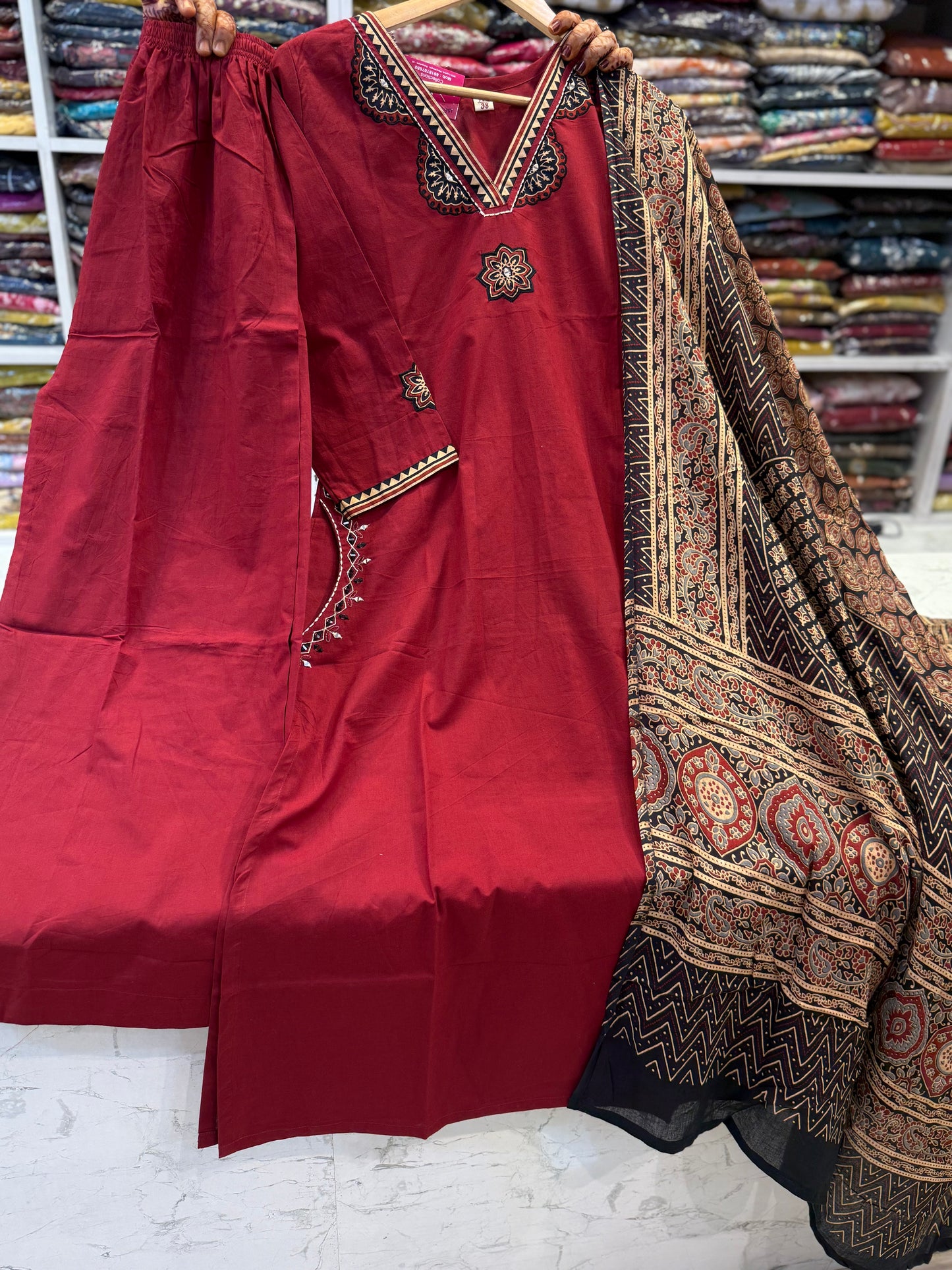 Two Sides Pockets Marron Pure Cotton Kurti With Pant and Dupatta