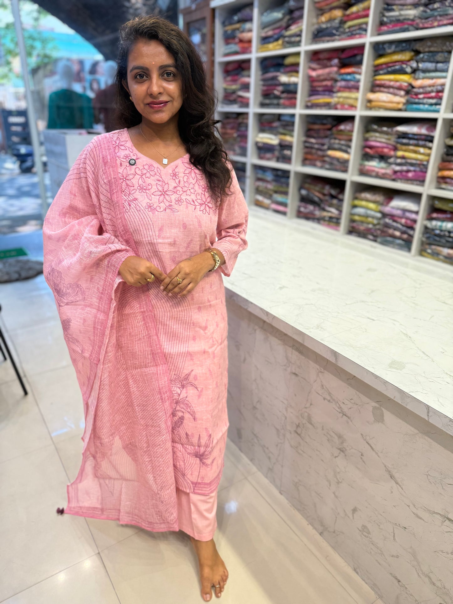 Pure Linen Pastel Pink Kurti With Pant and Dupatta-HSC75