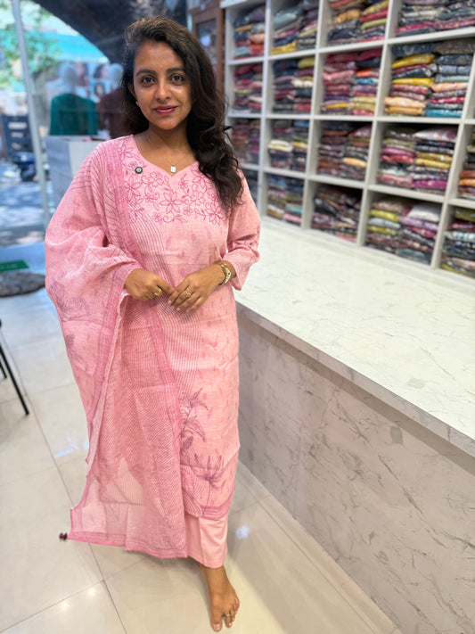 Pure Linen Pastel Pink Kurti With Pant and Dupatta-HSC75