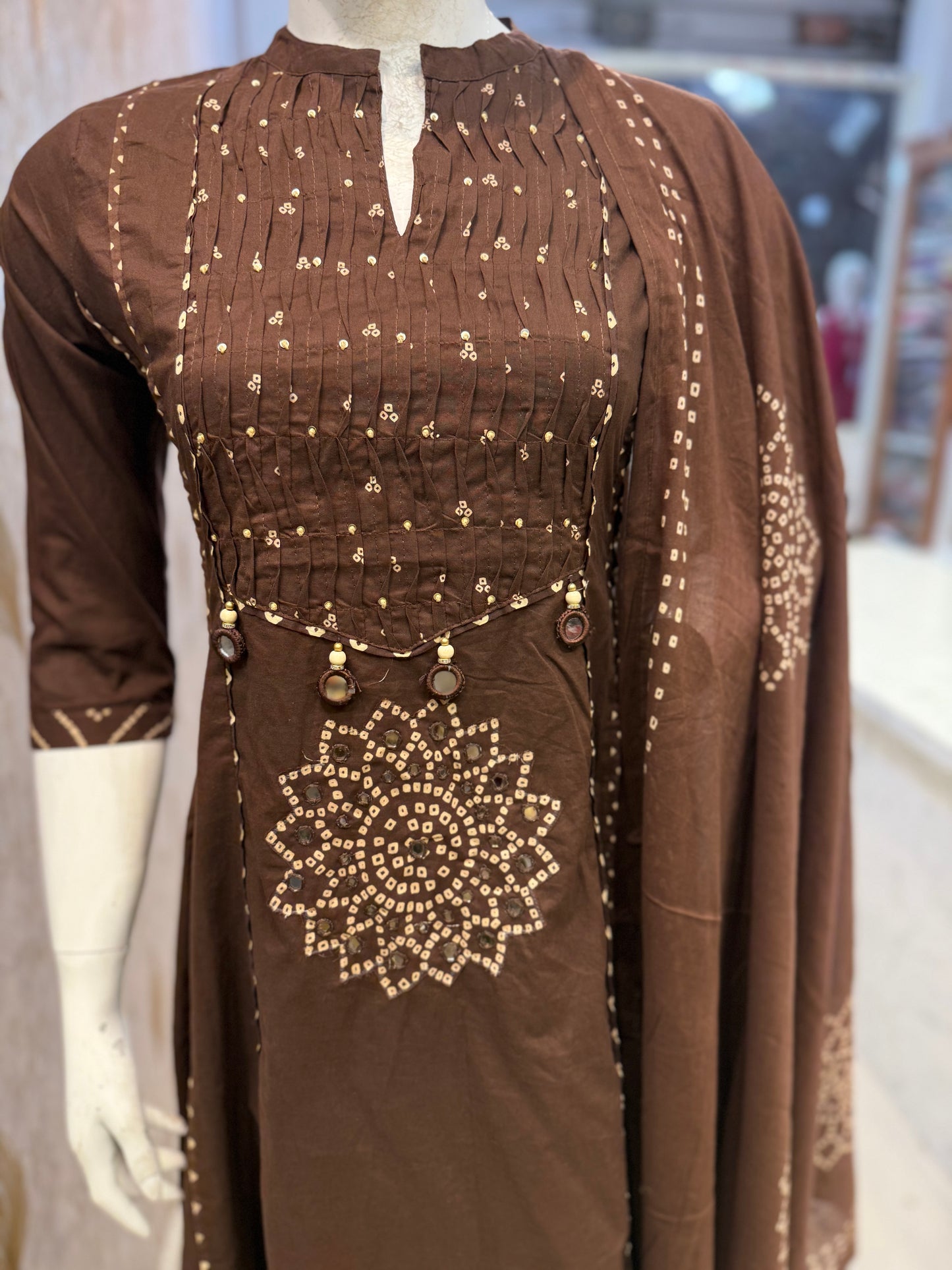 Brown Anarkali Pure Cotton Kurti With Pant and Dupatta
