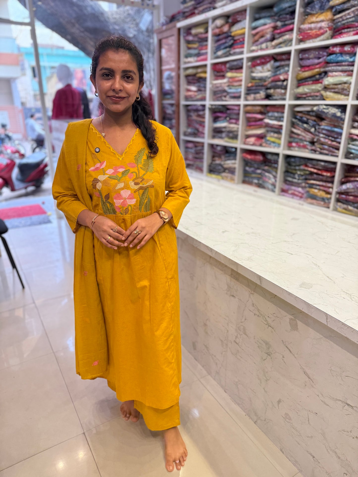 Mul Cotton A-line Kurti With Pant and Dupatta