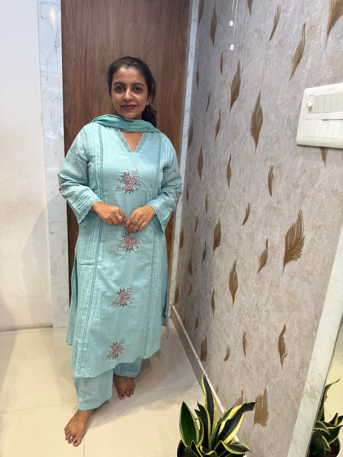 Sky Blue Lace Embroidery Pure Cotton Kurti With Pant and Dupatta -HSC1299