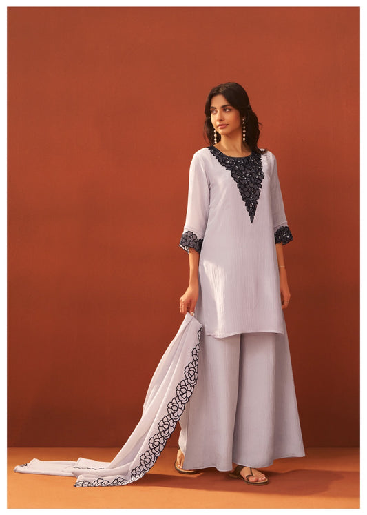 Shimmer Crush Thread Embroidery Kurti With Divider Pant with Scallop Dupatta-HSC155