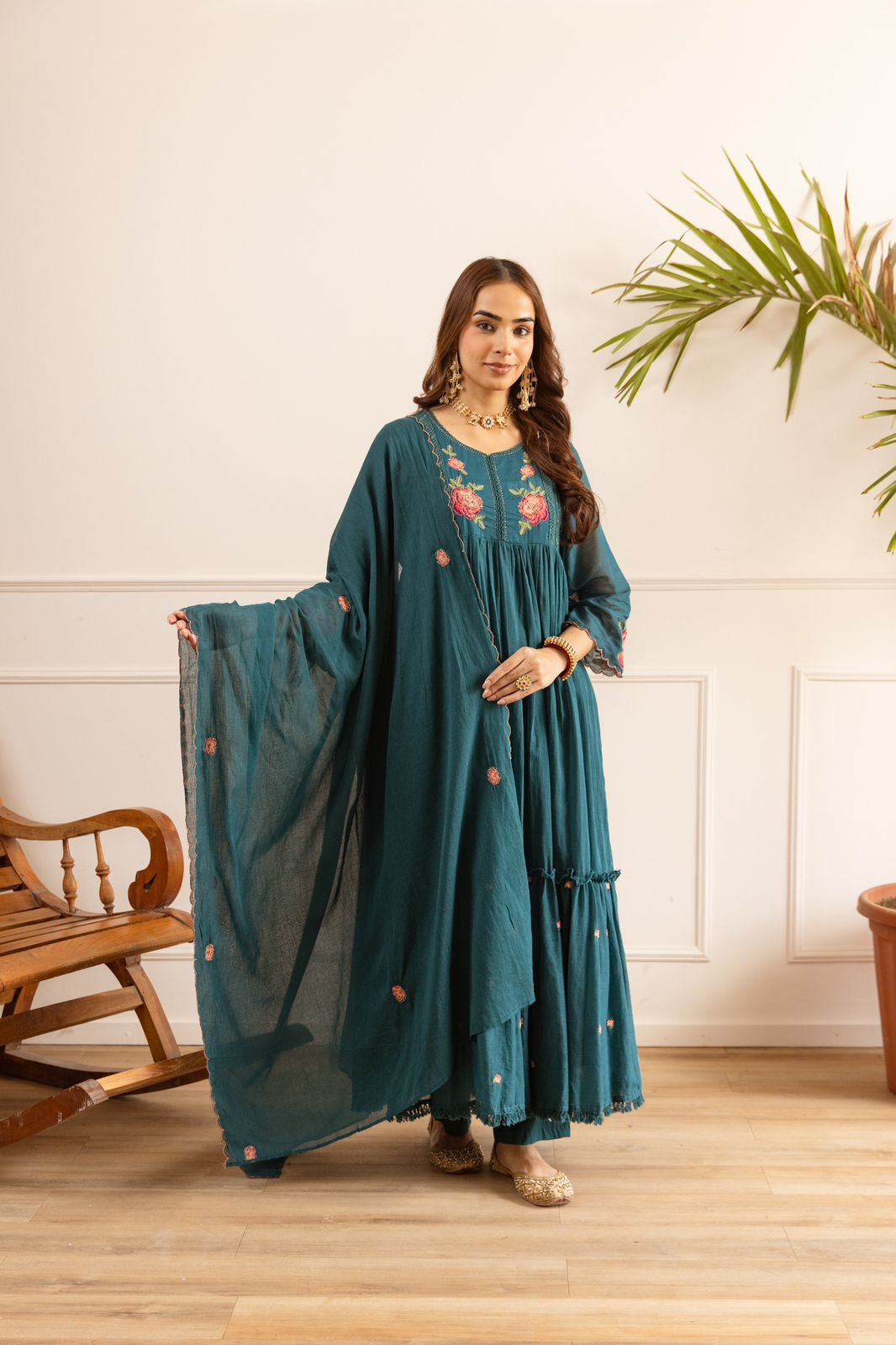 Flared Mul Cotton Embroidered Suit-HSC151