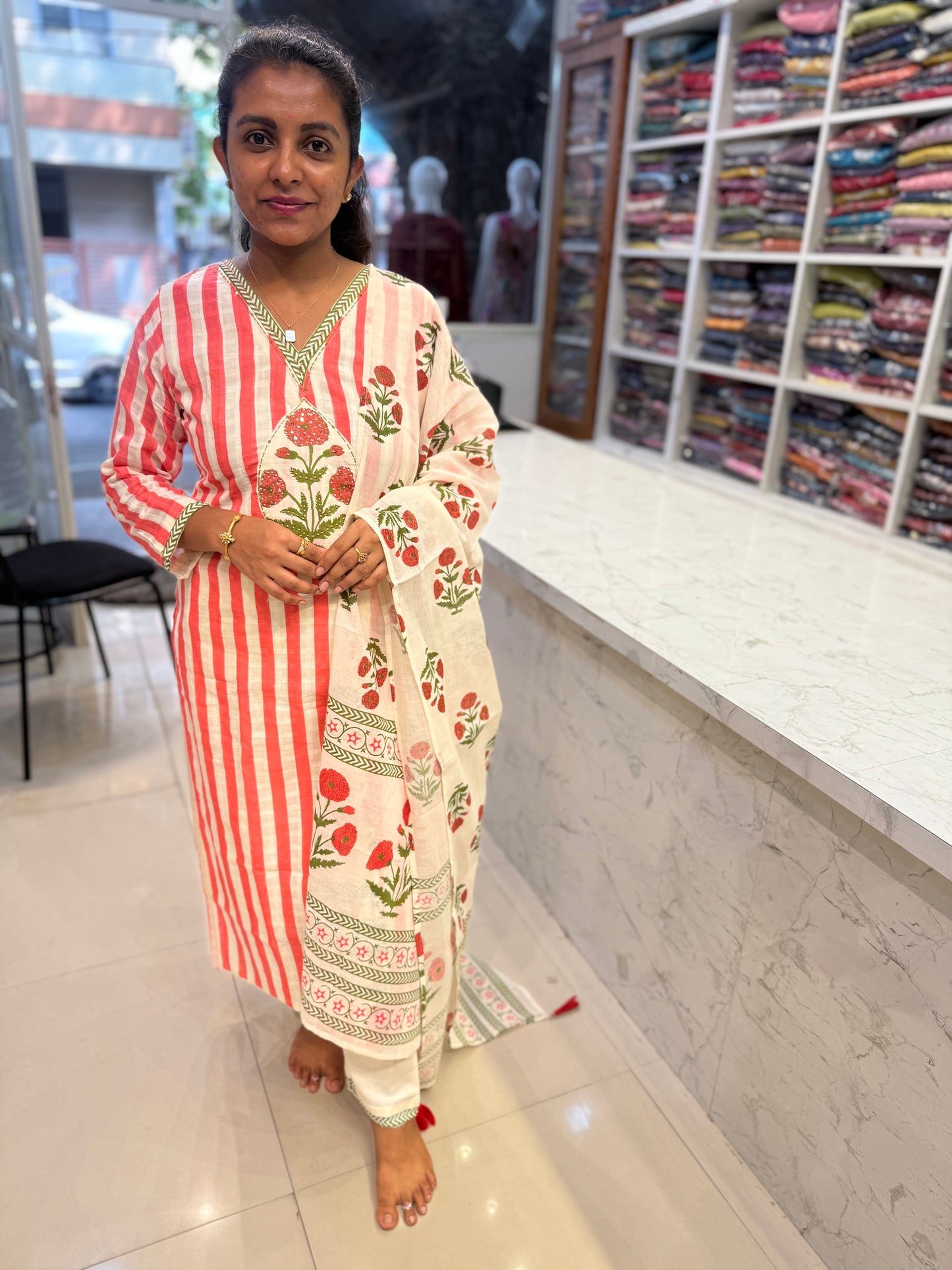 Stripes Pure linen Cotton Kurti With Pant and Mogal Printed Dupatta-HSC36