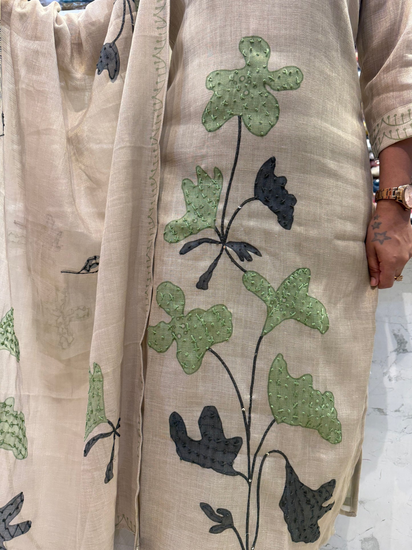 Tissue Linen Thread Embroidery Kurti With Pant and Dupatta