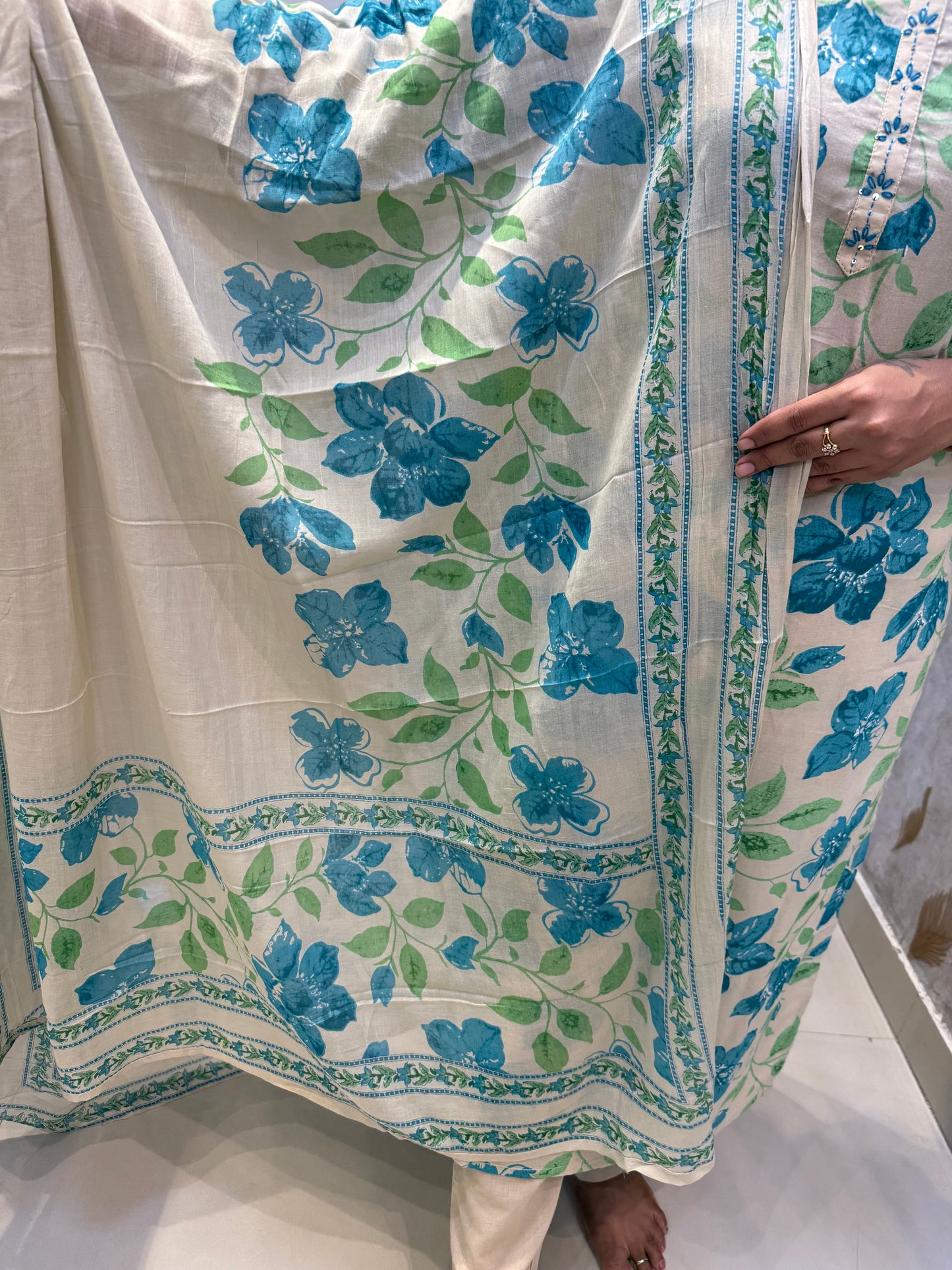 Floral Pure Cotton Kurti With Pant and Dupatta - HSC1173