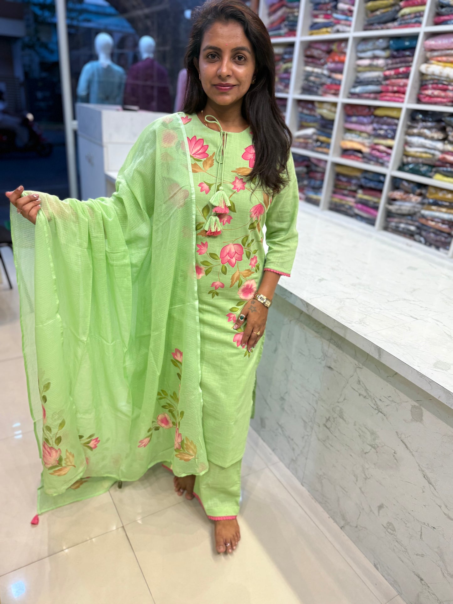 Green Hand Panited Green Kurti With Pant and Dupatta-HSC109