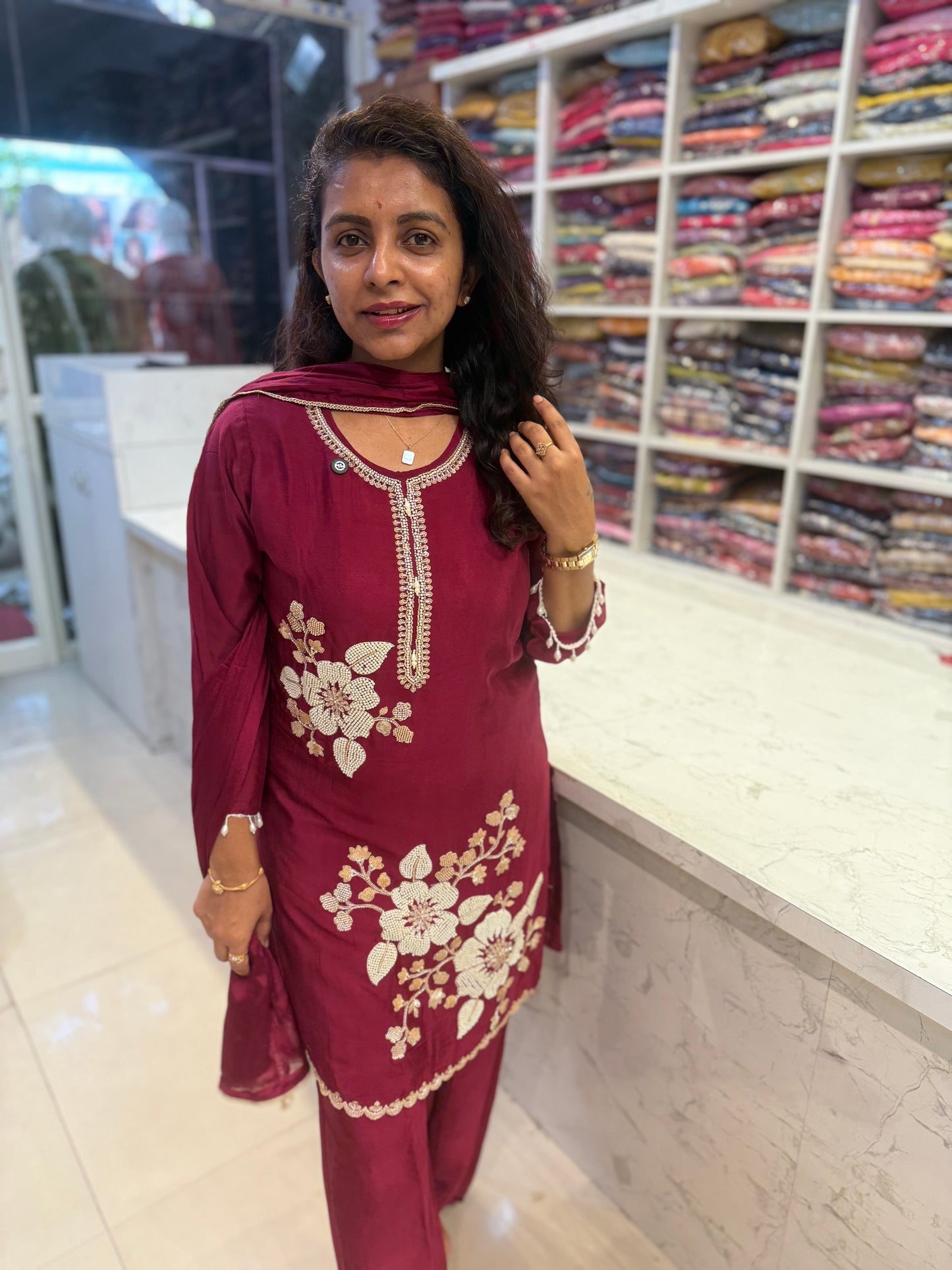 Designer Wear Handwork Kurti With Divider Pant and Dupatta-HSC39
