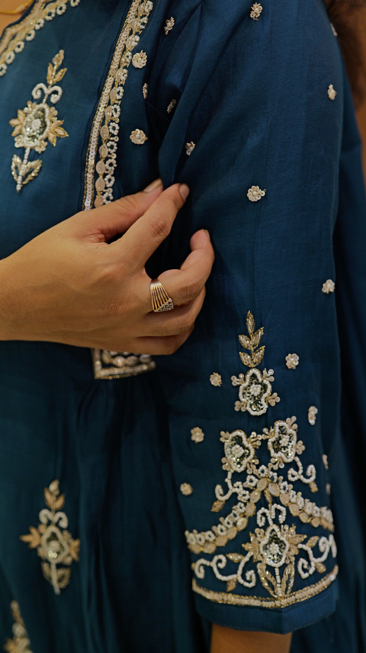 Blue Mul Chanderi Handwork A-line Kurti with Pant and Dupatta -HSC1296