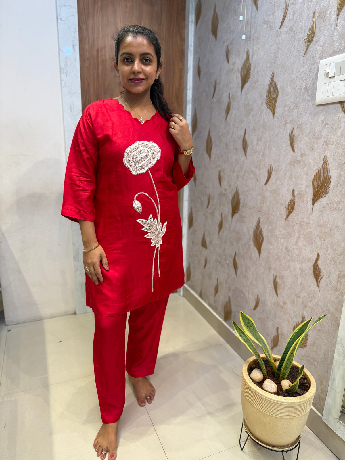 Red Co-ords Set Pure Silk Hand Embroidered Kurti With Pant - HSC1170