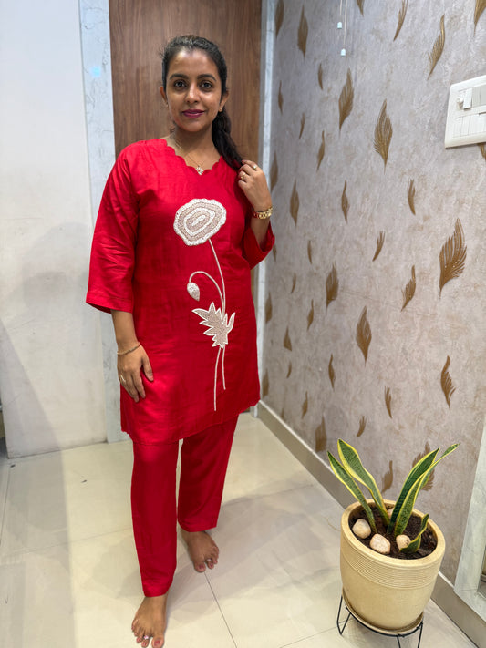 Red Co-ords Set Pure Silk Hand Embroidered Kurti With Pant - HSC1170