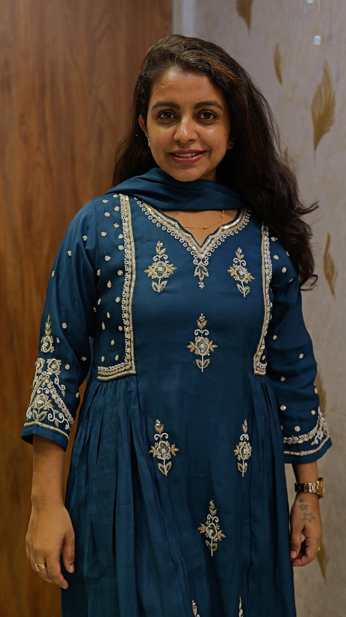 Blue Mul Chanderi Handwork A-line Kurti with Pant and Dupatta -HSC1296