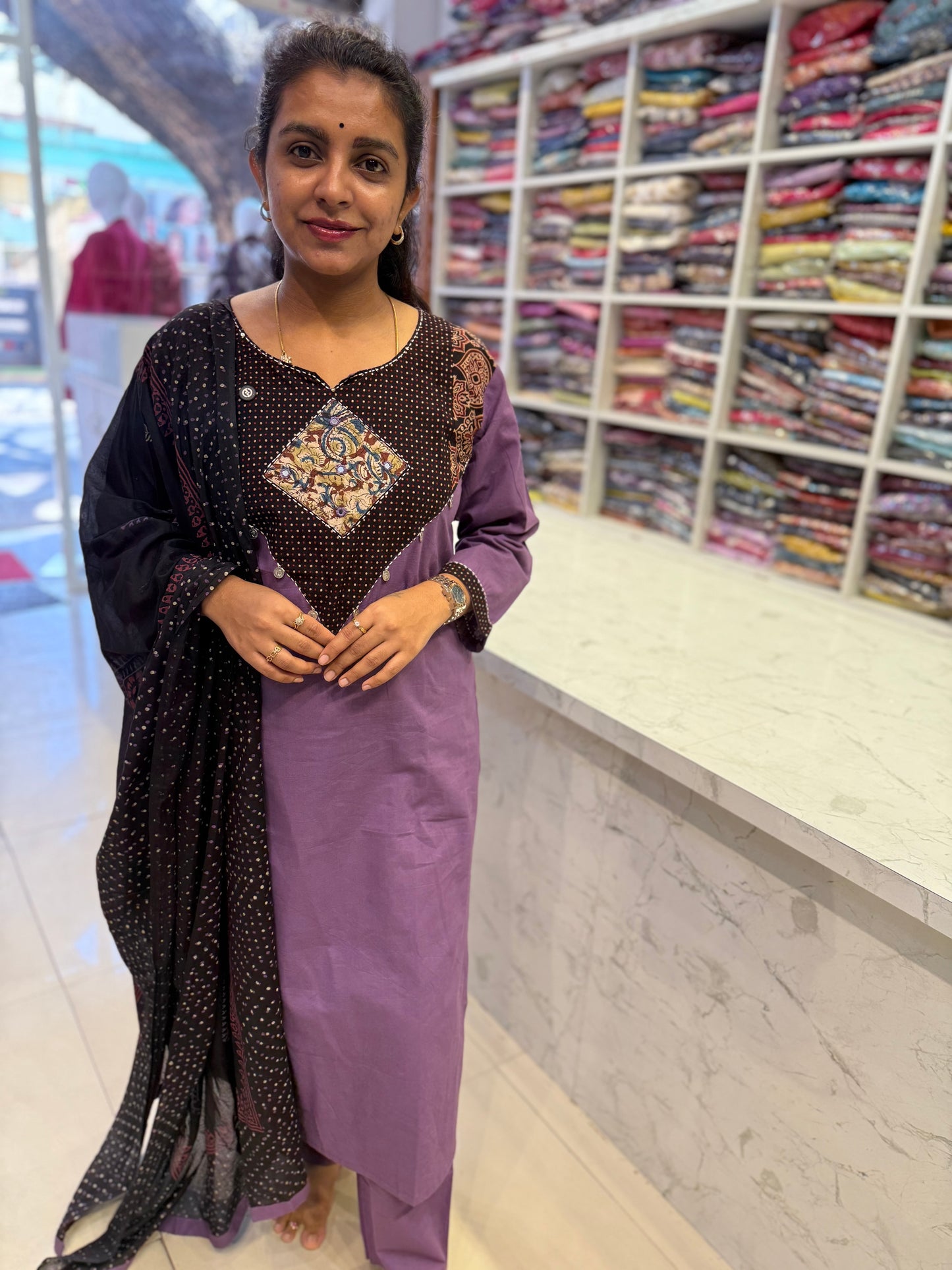 Deep Lavender with Black Cotton Kurti With Pant and Dupatta