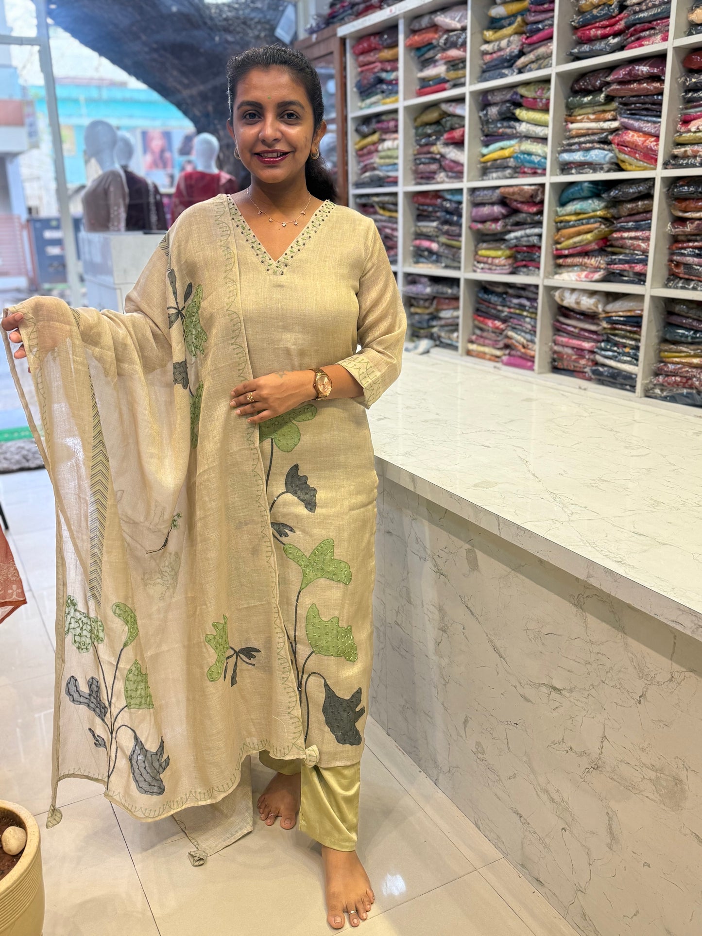 Tissue Linen Thread Embroidery Kurti With Pant and Dupatta