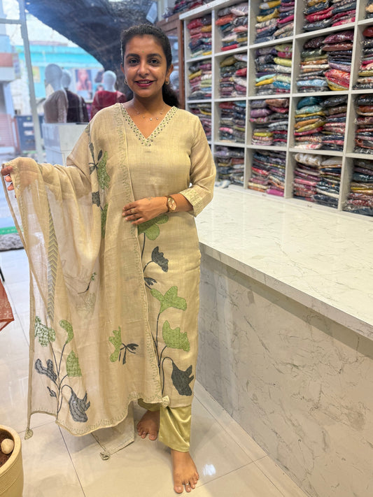 Tissue Linen Thread Embroidery Kurti With Pant and Dupatta
