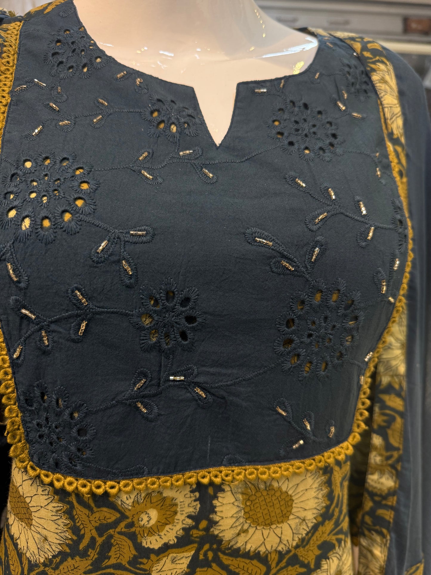 Applique Floral Printed Pure Cotton Kurti with Pant and Dupatta