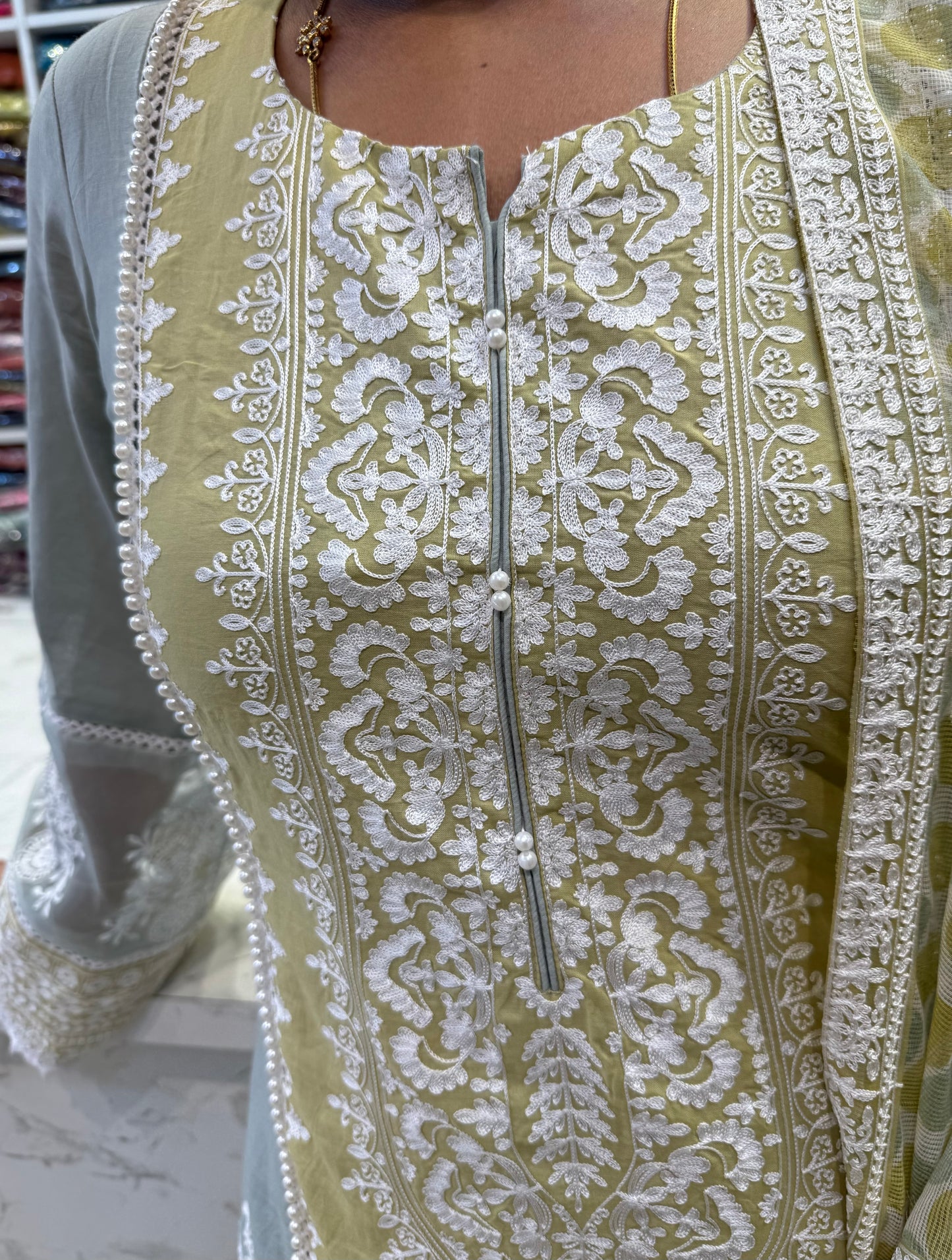 Pista Green work Embroidery Kurti With pant and Dupatta