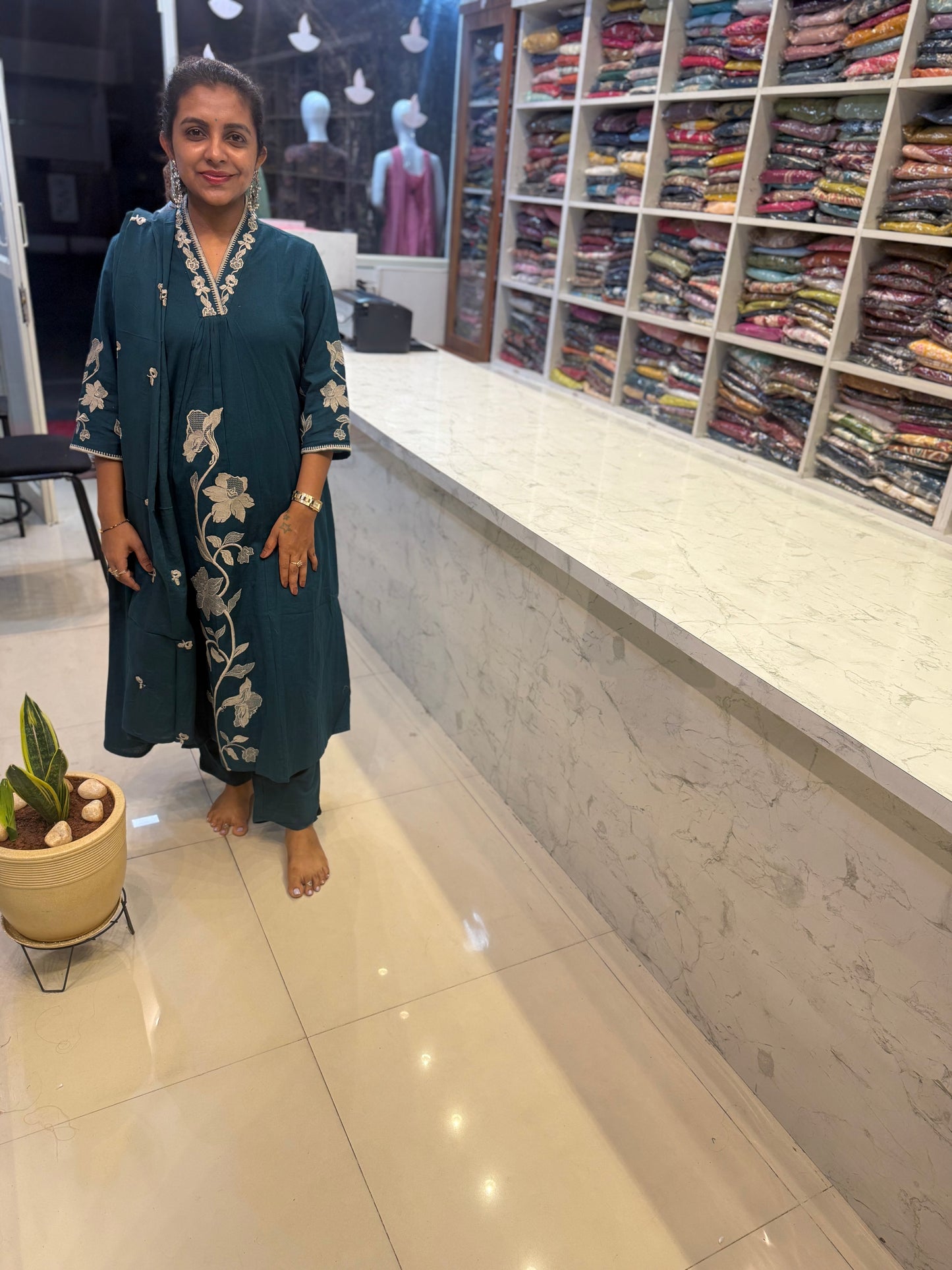 Teal Blue Cotton Flex Kurti With Pant and Dupatta