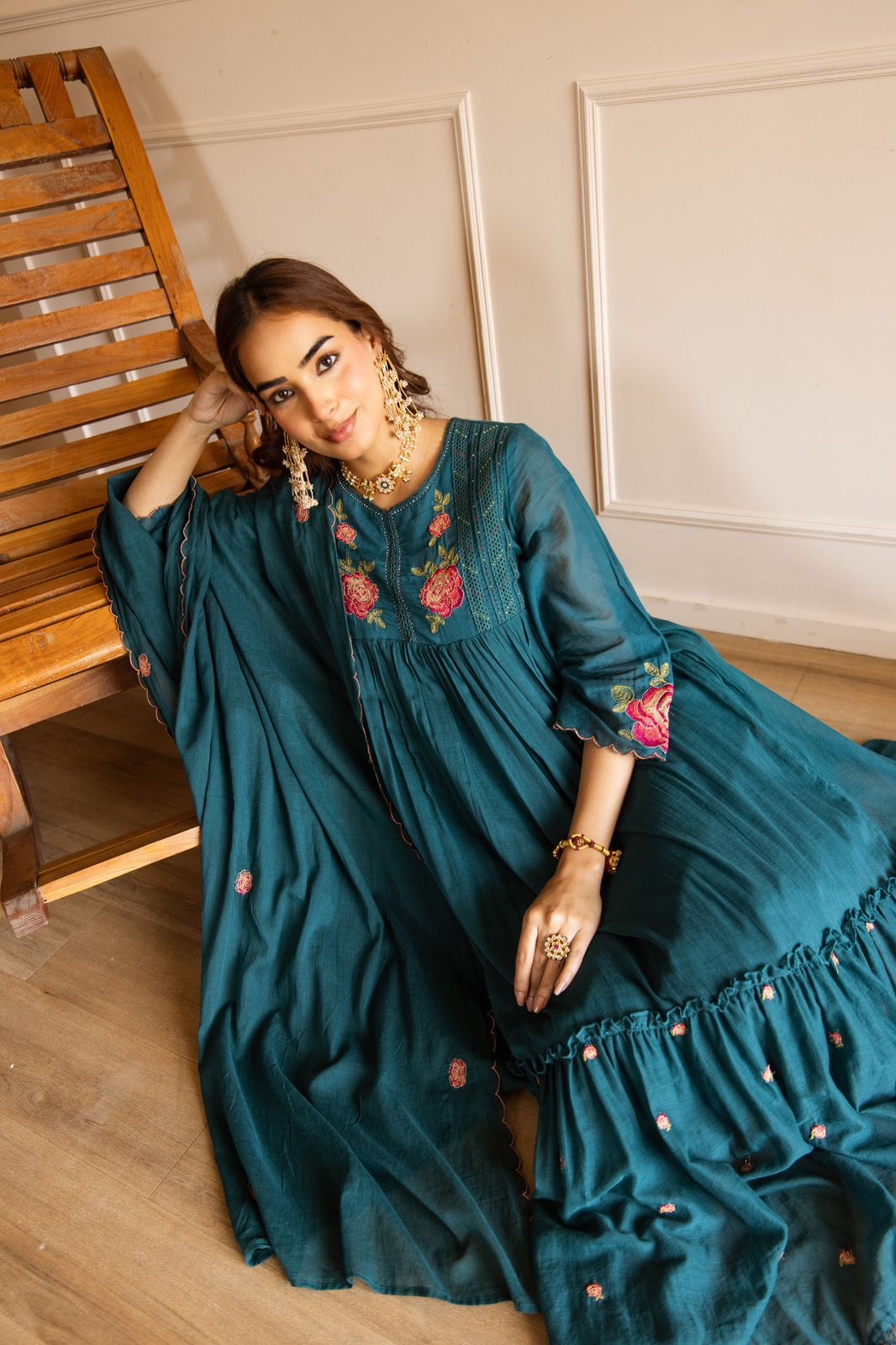 Flared Mul Cotton Embroidered Suit-HSC151