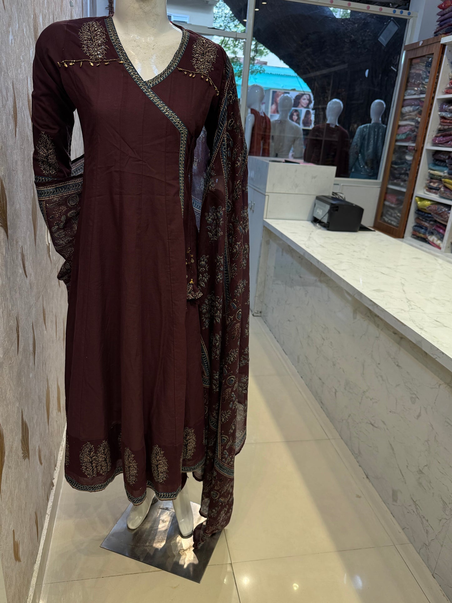 Wine Shoulder Anarkali Pure Cotton Hand Embroidery Kurti With Pant and Dupatta-HSC165