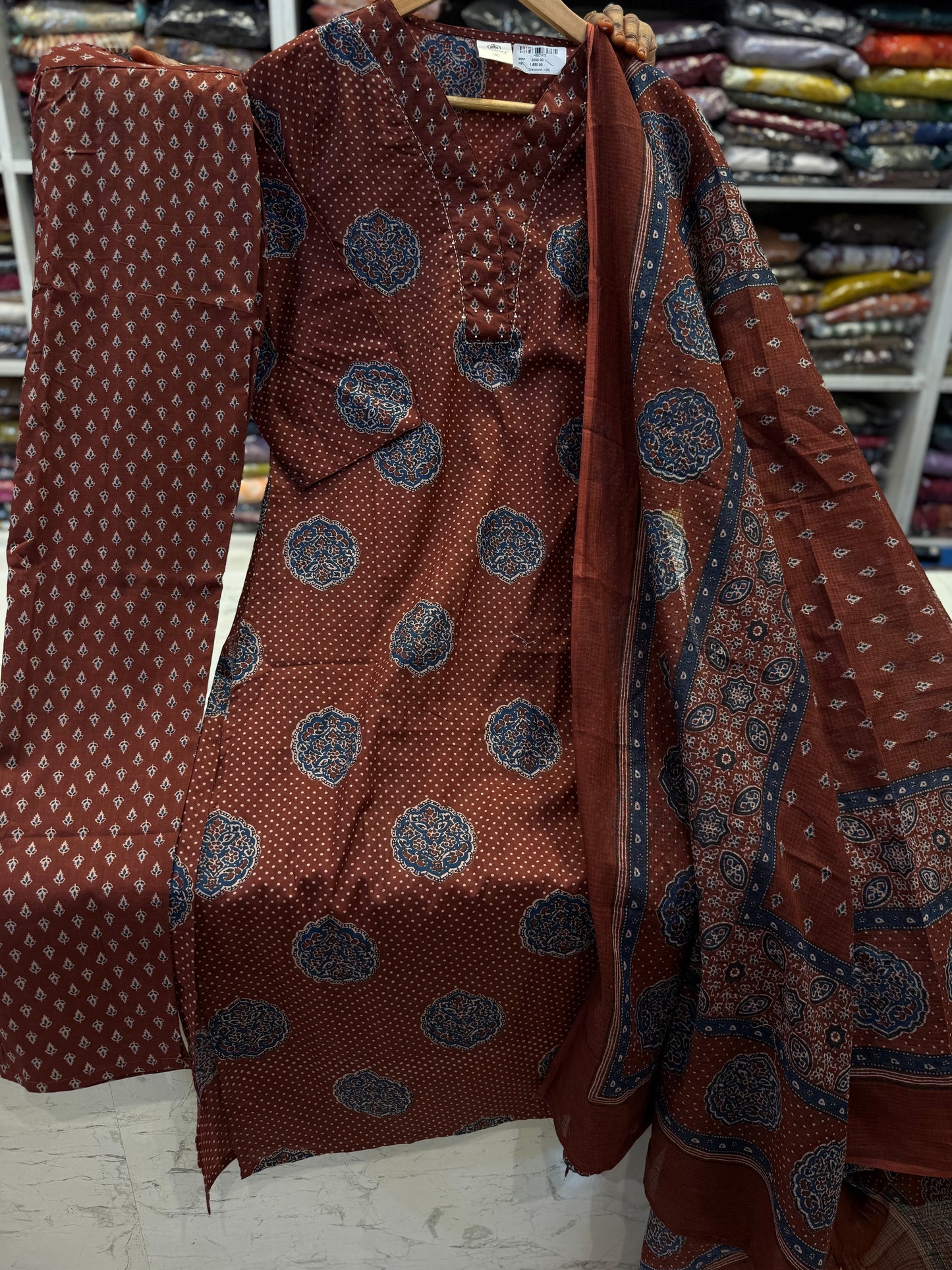 Brown Pure Cotton Kurti With Pant and Dupatta - HSC1173