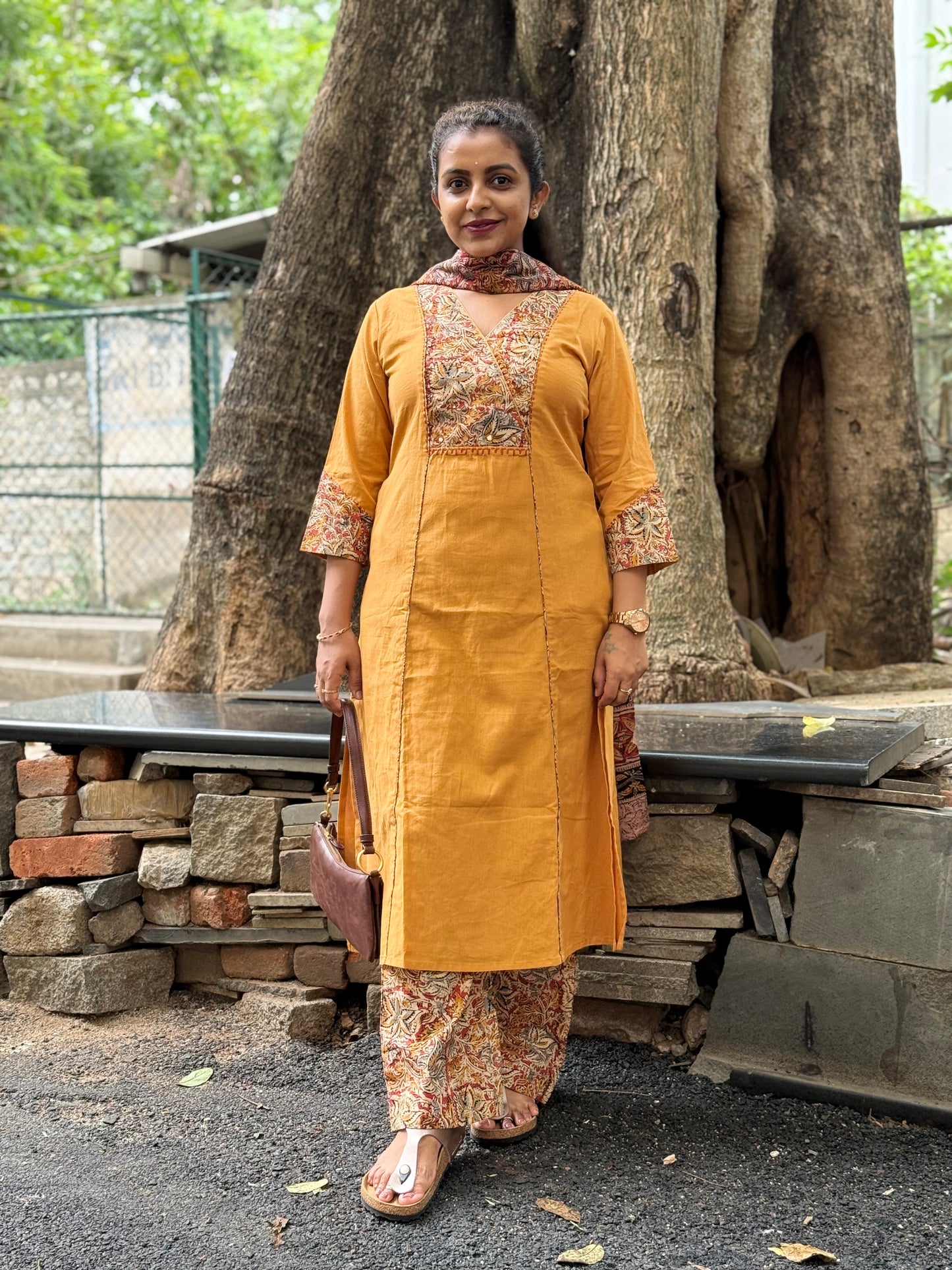 Mustard Kalamkari Pure Cotton Kurti With Pant and Dupatta - HSC1156