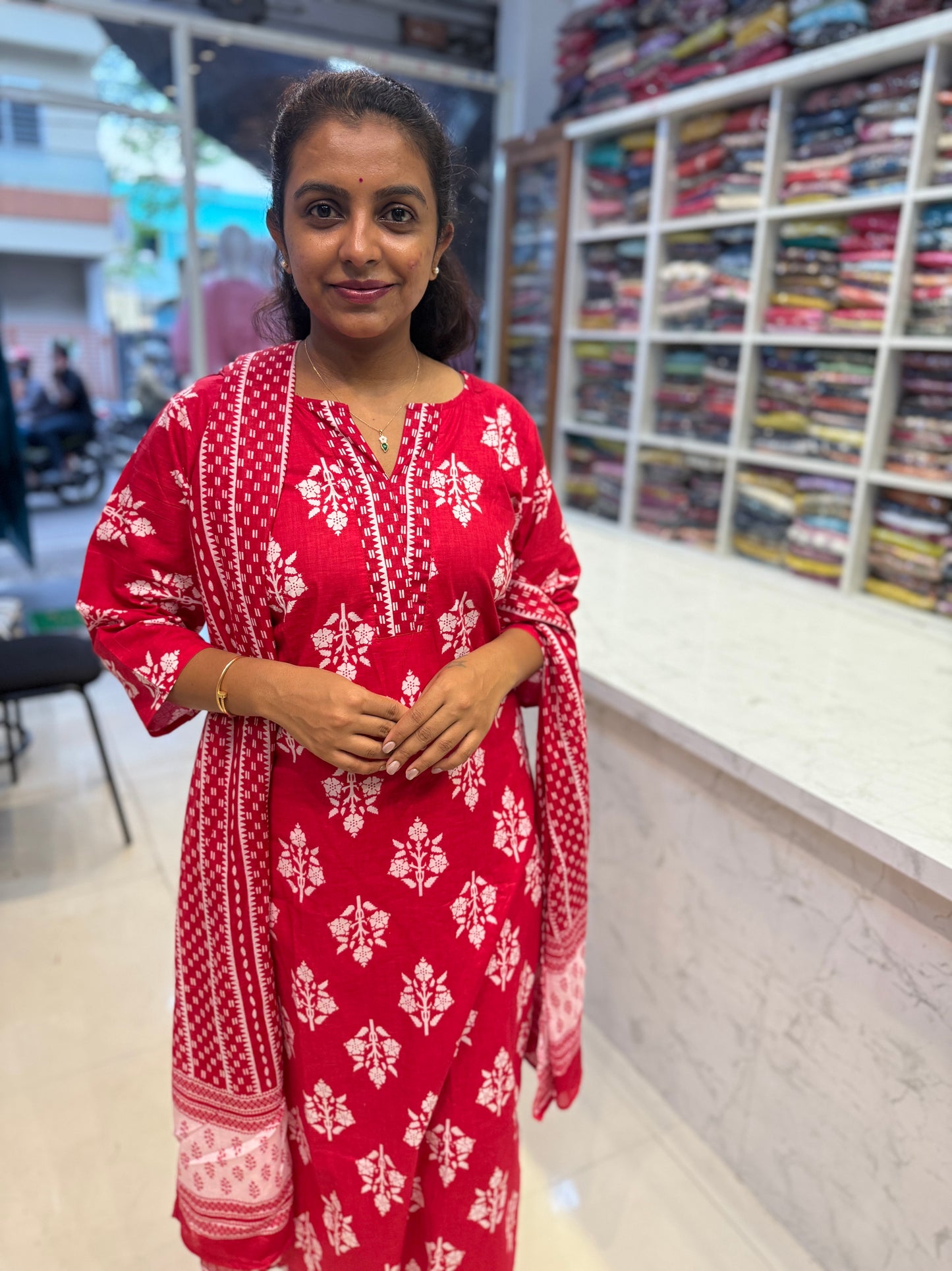 Pink Printed Cotton Kurti With Pant and Dupatta-HSC154
