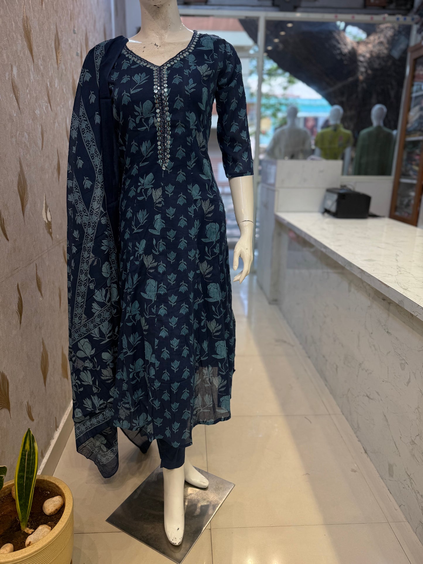 Indigo Pure Mul Cotton A-line Kurti With Pant and Dupatta-HSC79