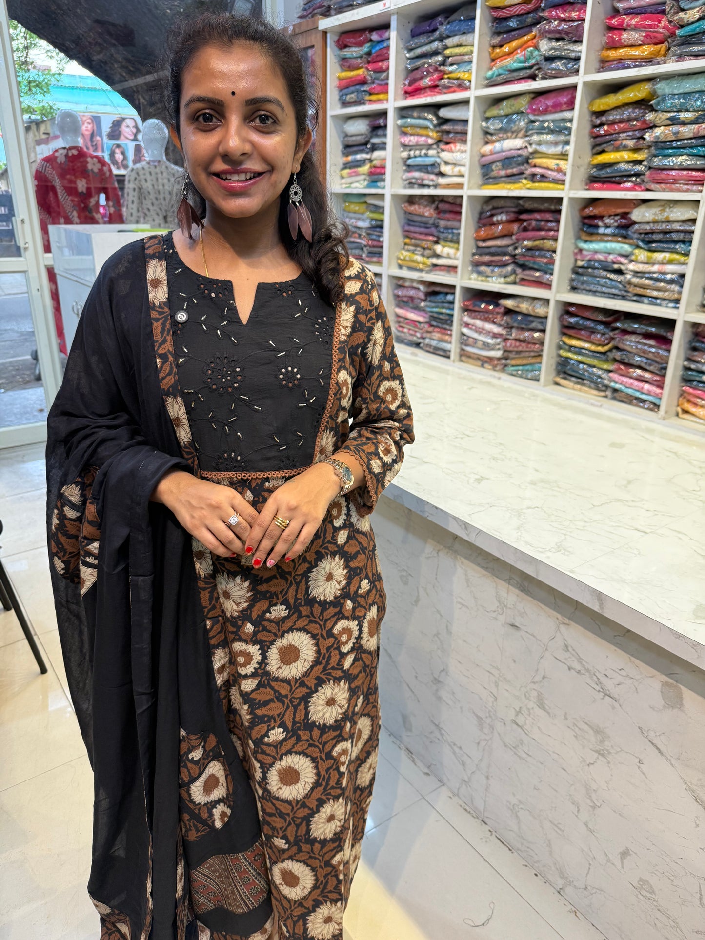 Applique Floral Printed Pure Cotton Kurti with Pant and Dupatta