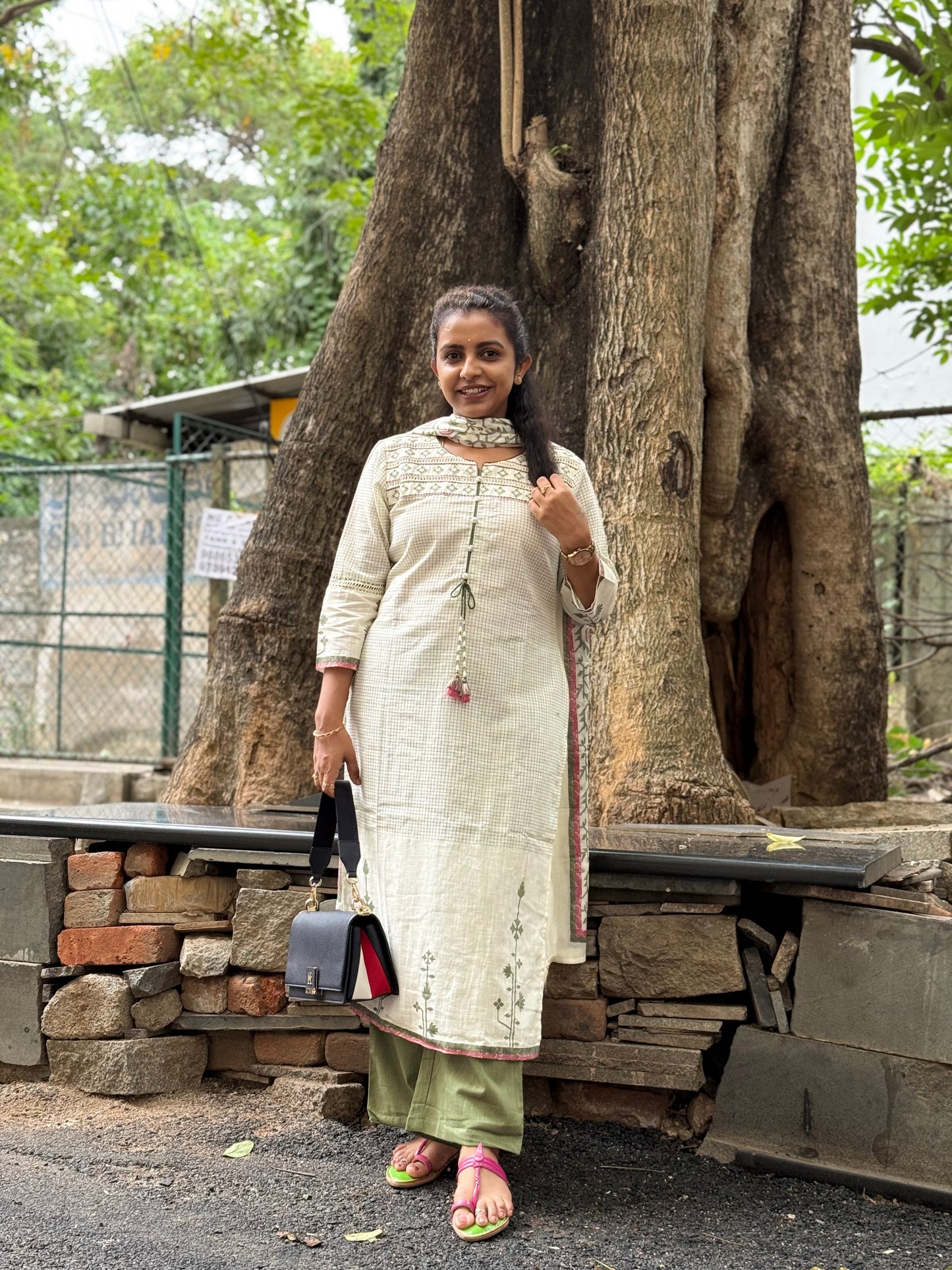 Half White Pure Cotton Kurti With Pant and Dupatta - HSC1156