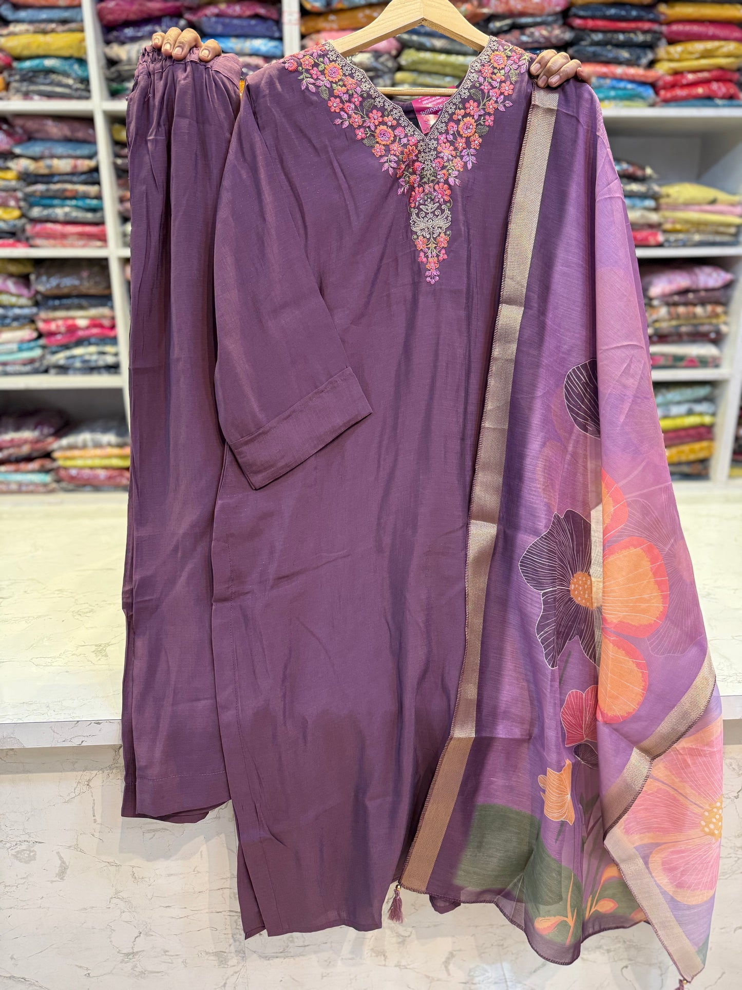 Semi-Party Wear Roman Silk Kurti With Pant and Dupatta