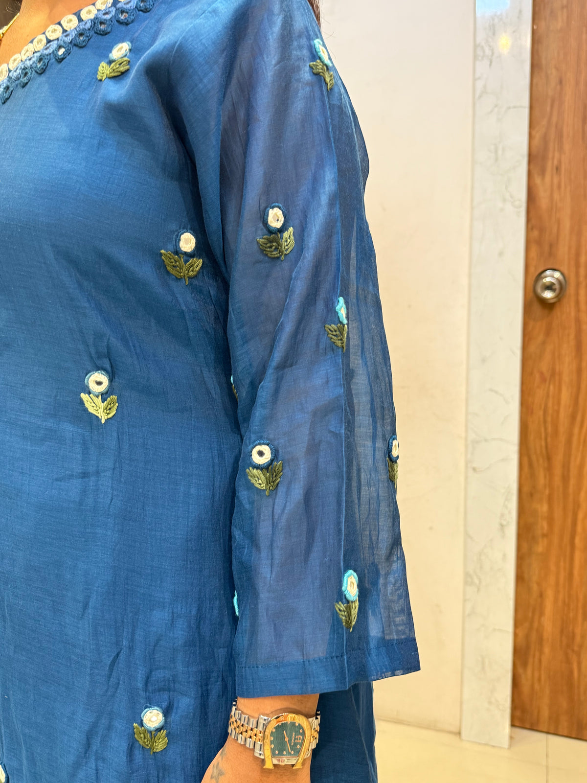 Ink Blue Pure Mul Chanderi Knotwork Embroidery Kurti With Pant and Dupatta -HSC1213