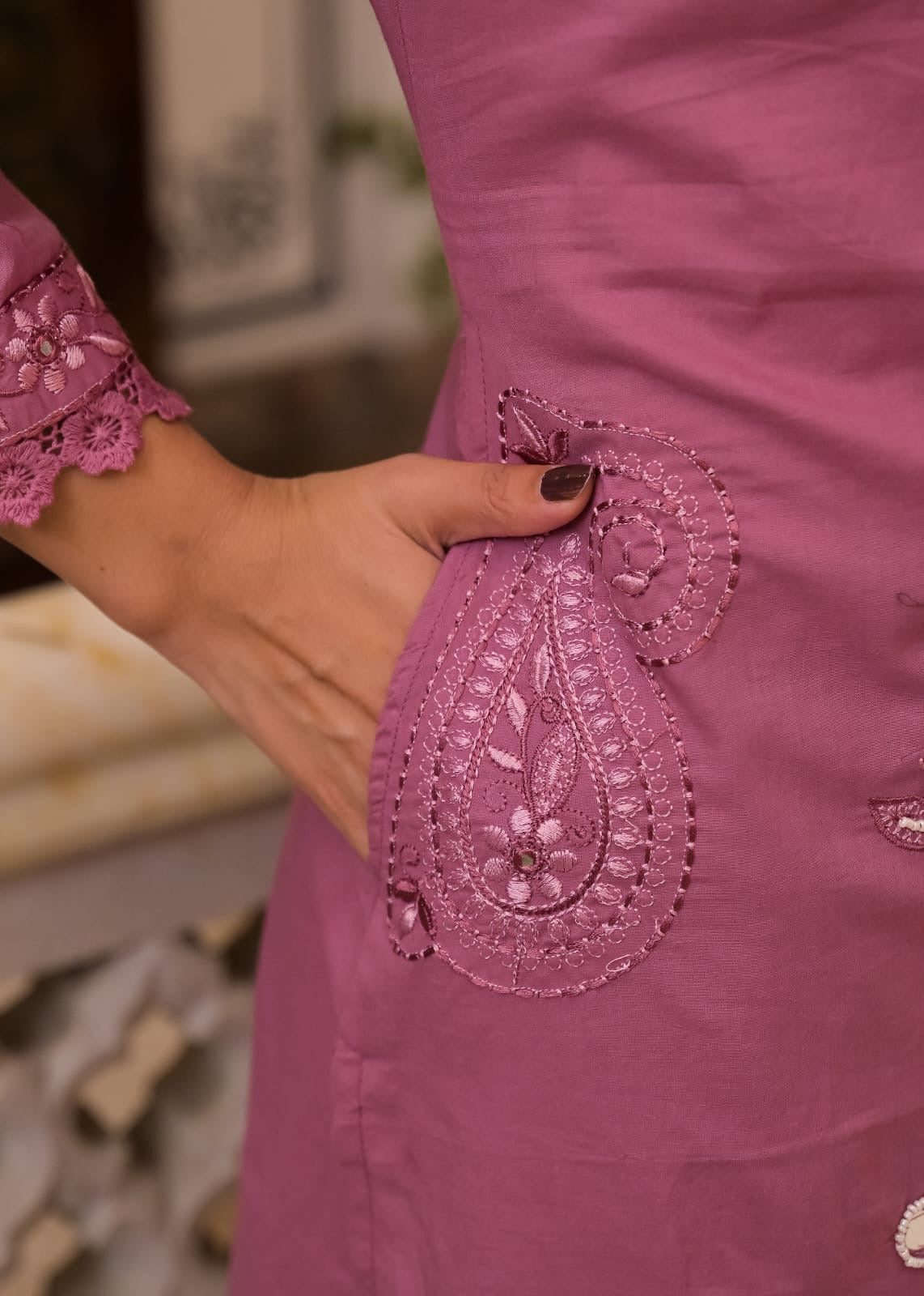 Thread Embroidery Two sides pockets Kurti With Pant and Dupatta - HSC1197