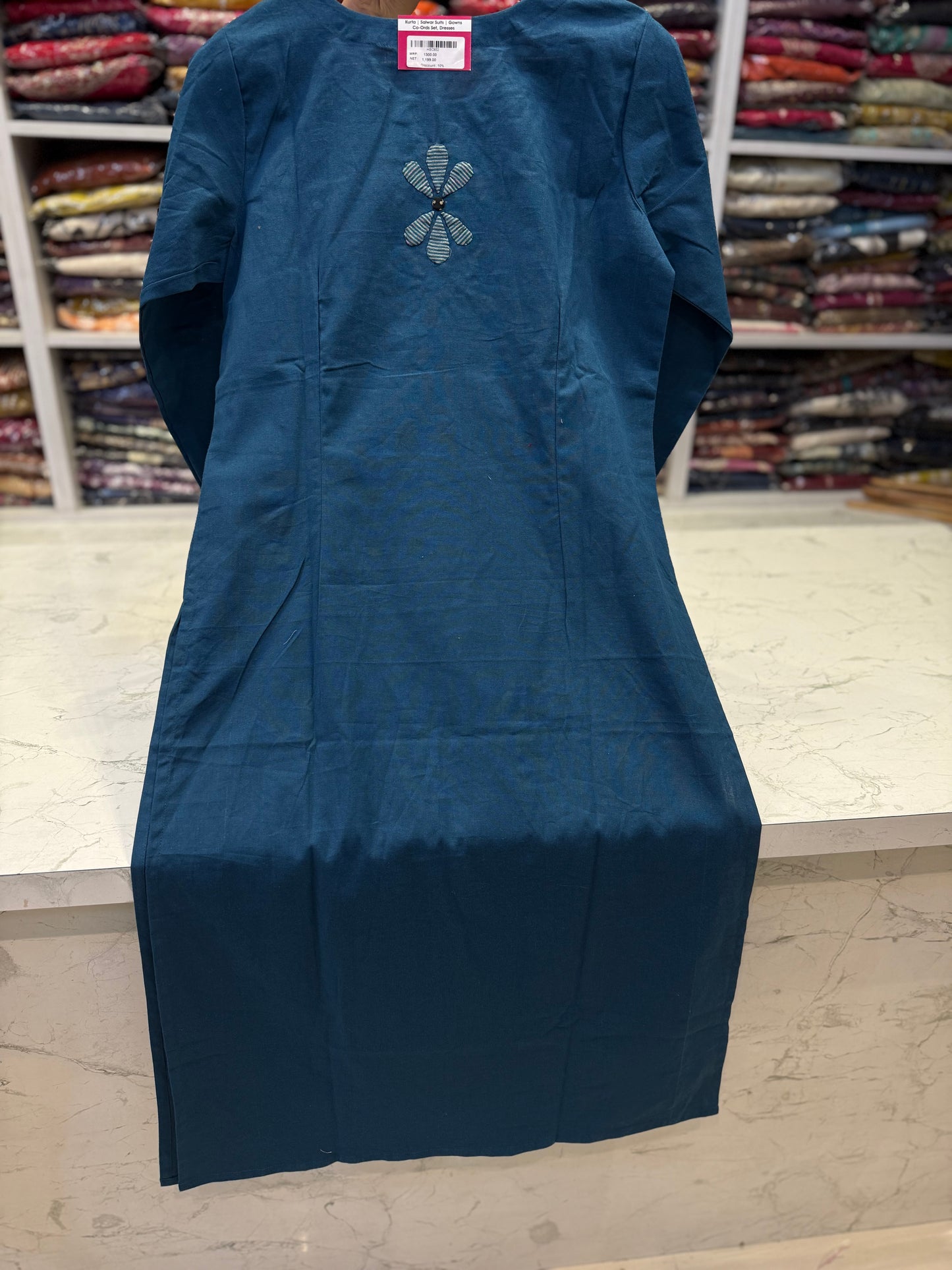 Appliqué Blue Pure Cotton Kurti