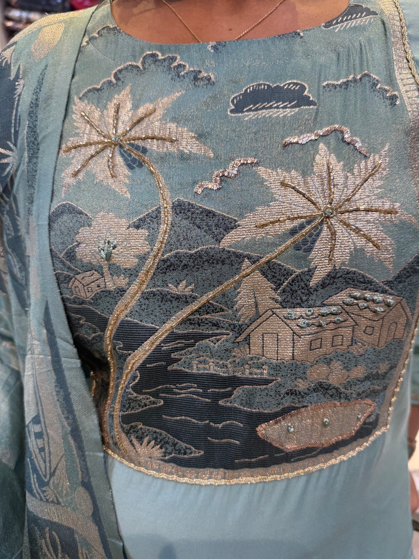 Blue Shimmer Nature Embroidery Kurti With Pant and Dupatta