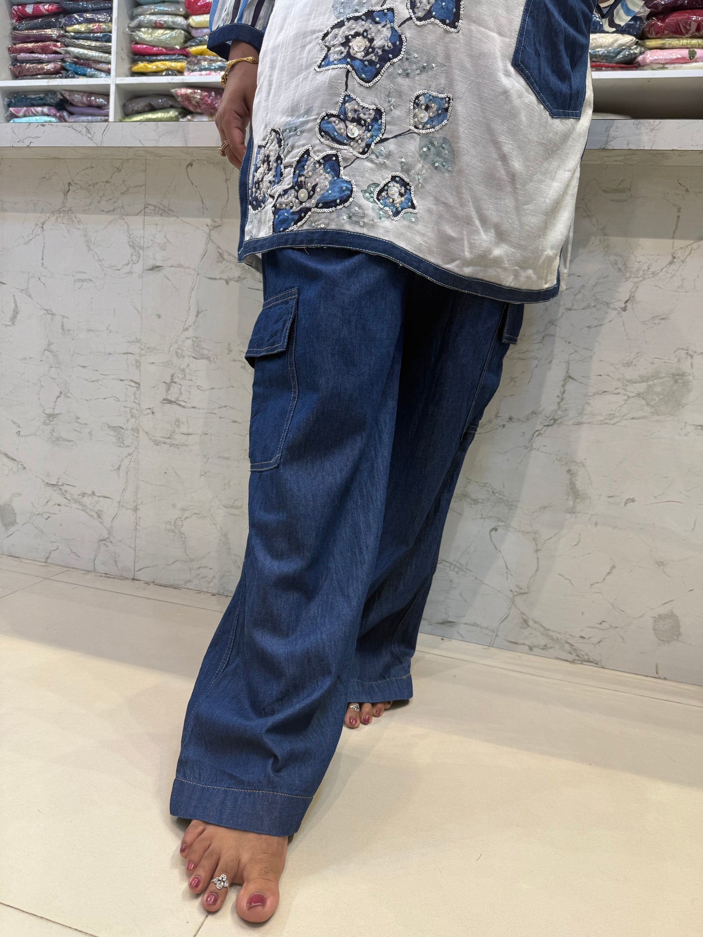 Half White Hand Embroidery Denim Set