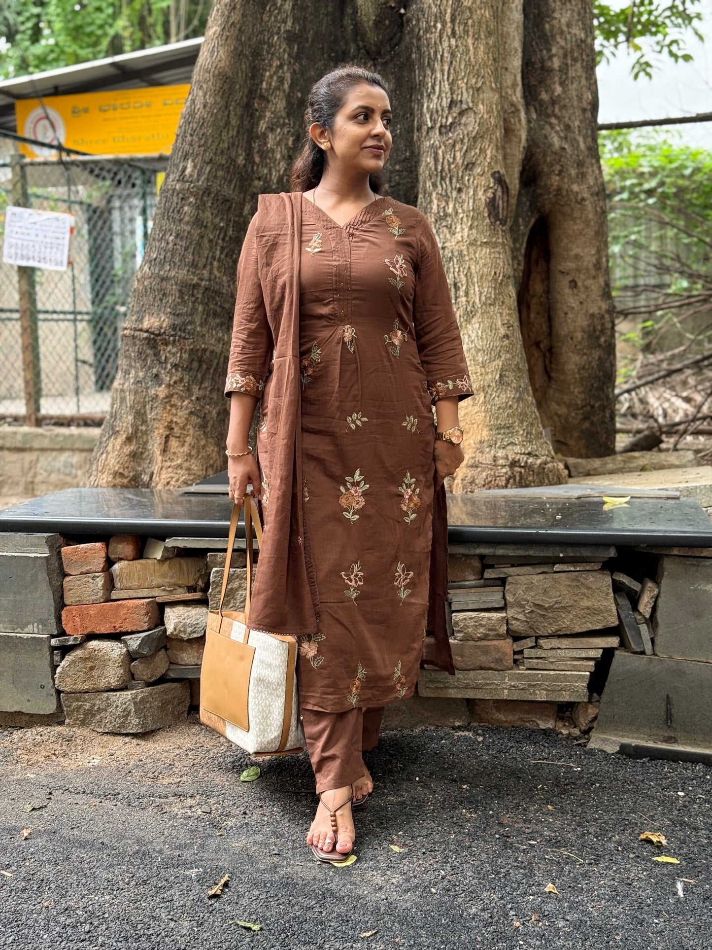 Brown Embroidery Pure Cotton Kurti With Pant and Dupatta - HSC1171